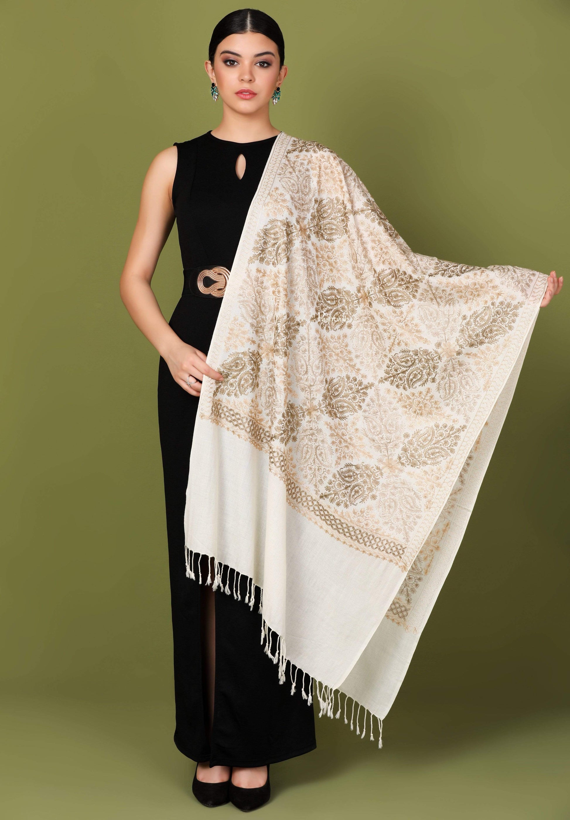 Pashtush India 70x200 Pashtush Womens Fine Woollen, Silky Nalki Embroidery Needlework Stole, White