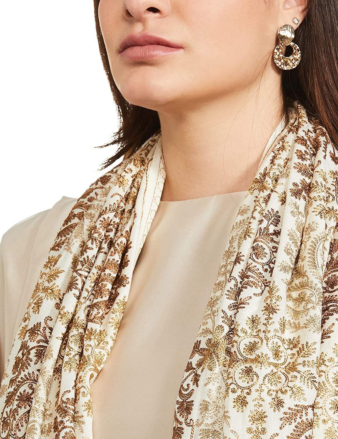 Pashtush India 70x200 Pashtush Womens Fine Woollen, Silky Nalki Embroidery Needlework Stole, White