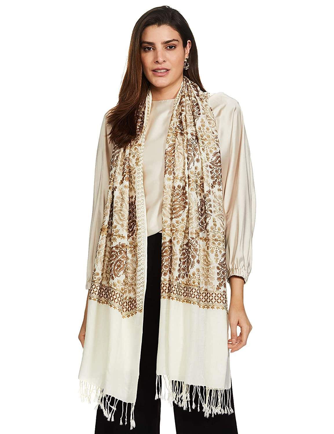 Pashtush India 70x200 Pashtush Womens Fine Woollen, Silky Nalki Embroidery Needlework Stole, White