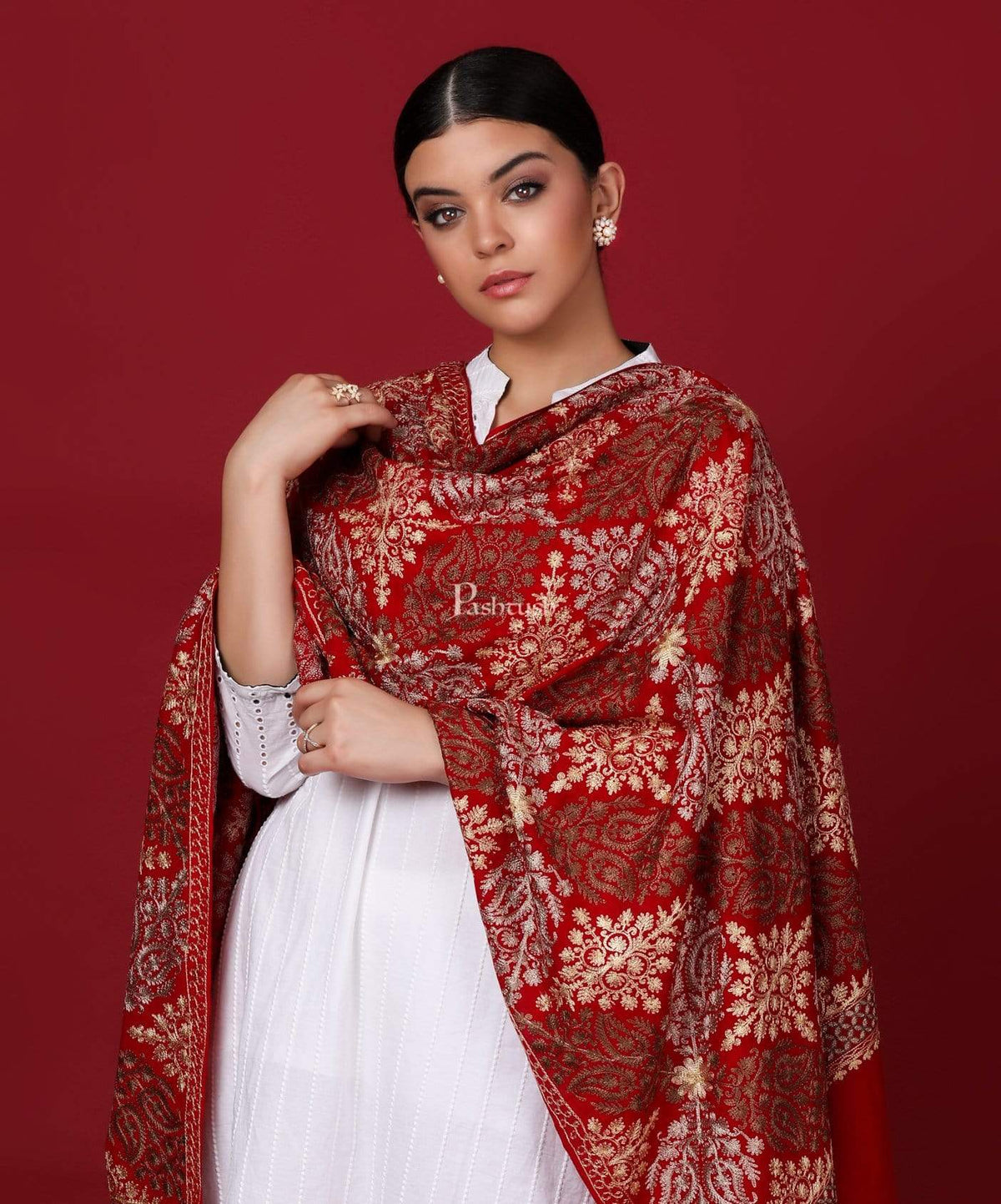 Pashtush Store Stole Pashtush Womens Fine Woollen, Silky Thread Nalki Embroidery Stole, Maroon
