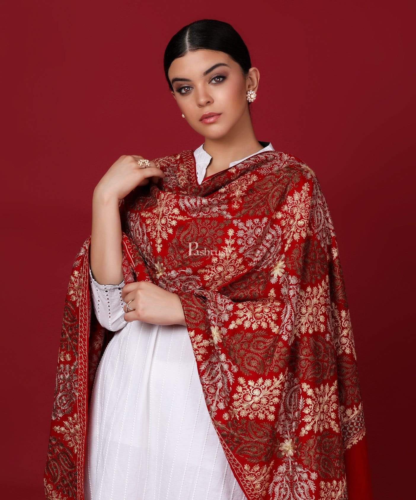 Pashtush Store Stole Pashtush Womens Fine Woollen, Silky Thread Nalki Embroidery Stole, Maroon