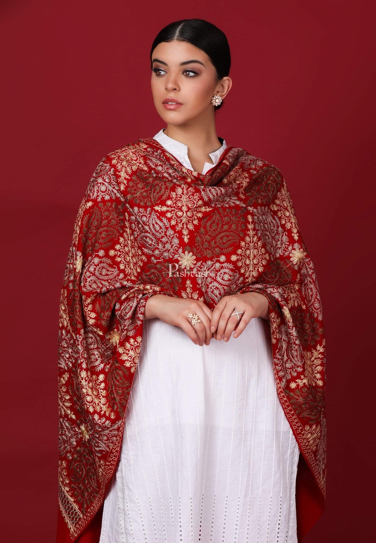 Pashtush Store Stole Pashtush Womens Fine Woollen, Silky Thread Nalki Embroidery Stole, Maroon