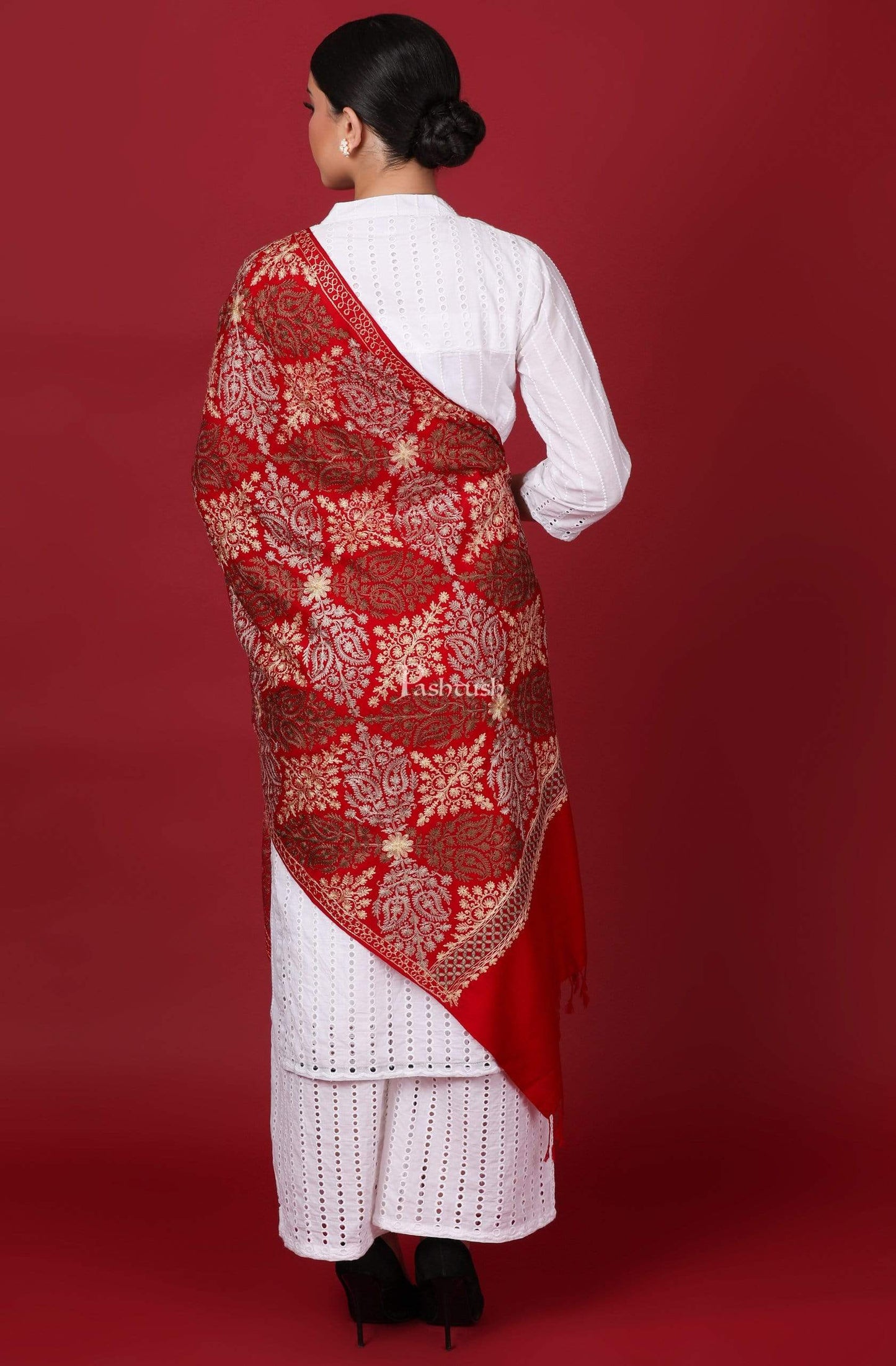 Pashtush Store Stole Pashtush Womens Fine Woollen, Silky Thread Nalki Embroidery Stole, Maroon