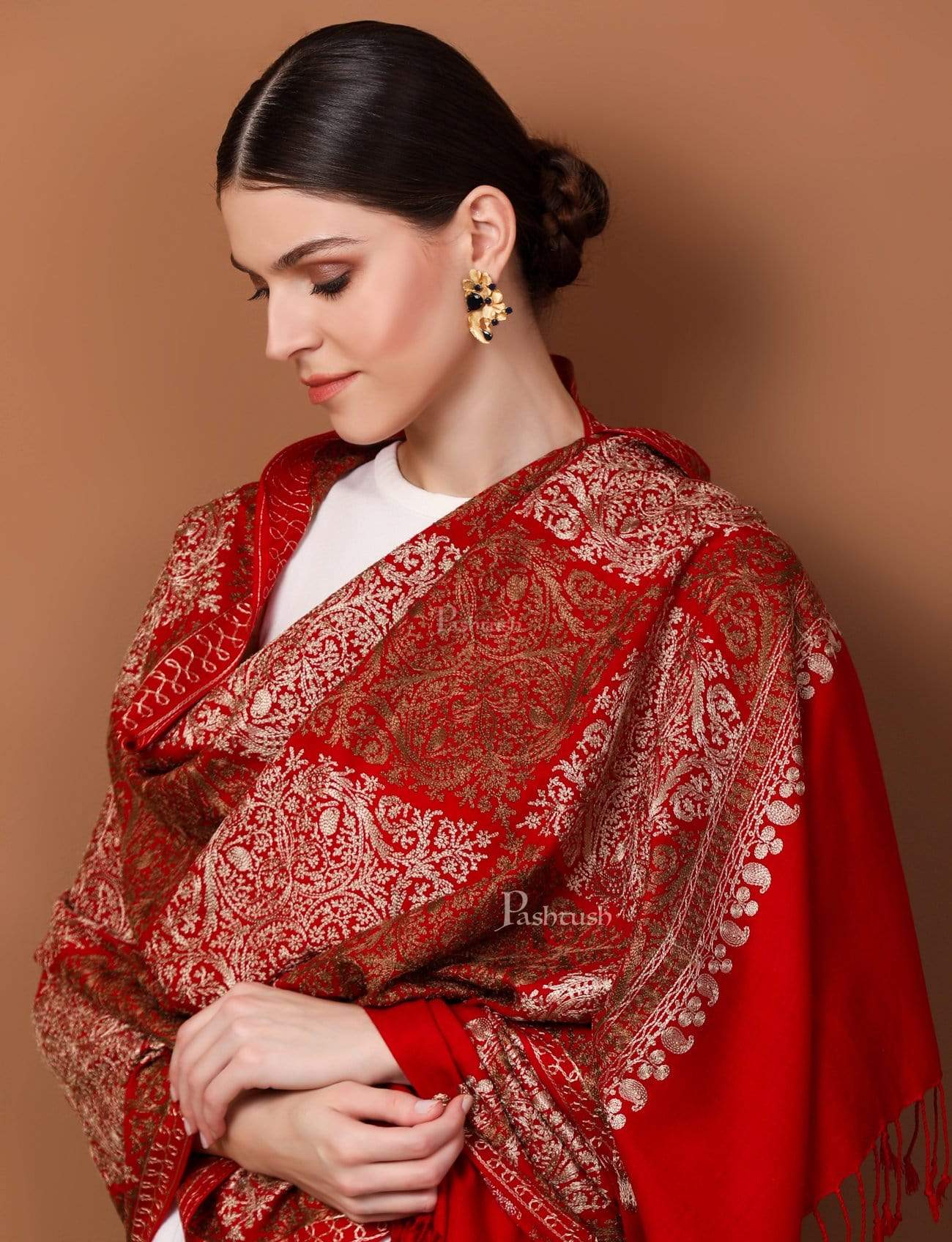 Pashtush Store Stole Pashtush Womens Fine Woollen, Silky Thread Nalki Embroidery Stole, red
