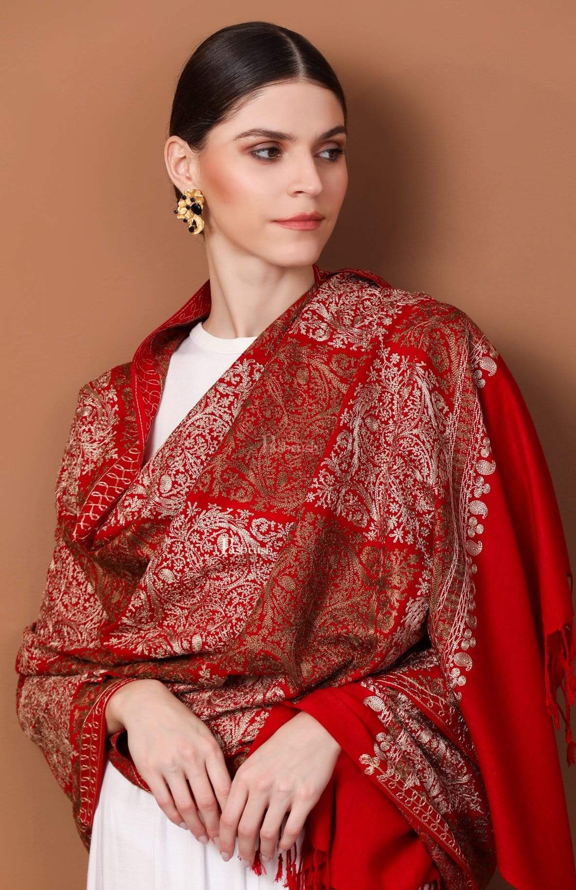 Pashtush Store Stole Pashtush Womens Fine Woollen, Silky Thread Nalki Embroidery Stole, red