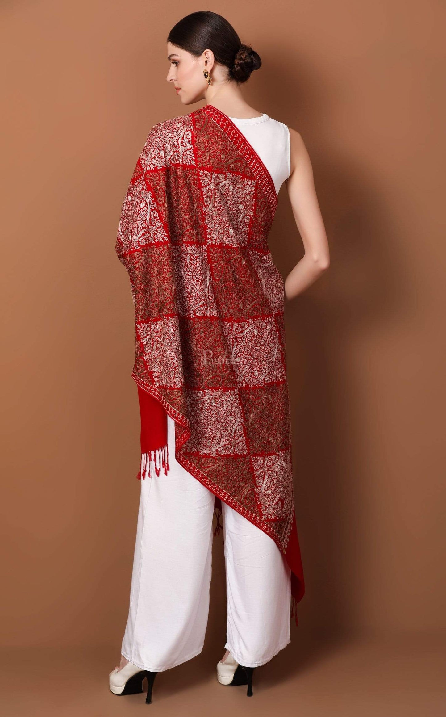 Pashtush Store Stole Pashtush Womens Fine Woollen, Silky Thread Nalki Embroidery Stole, red