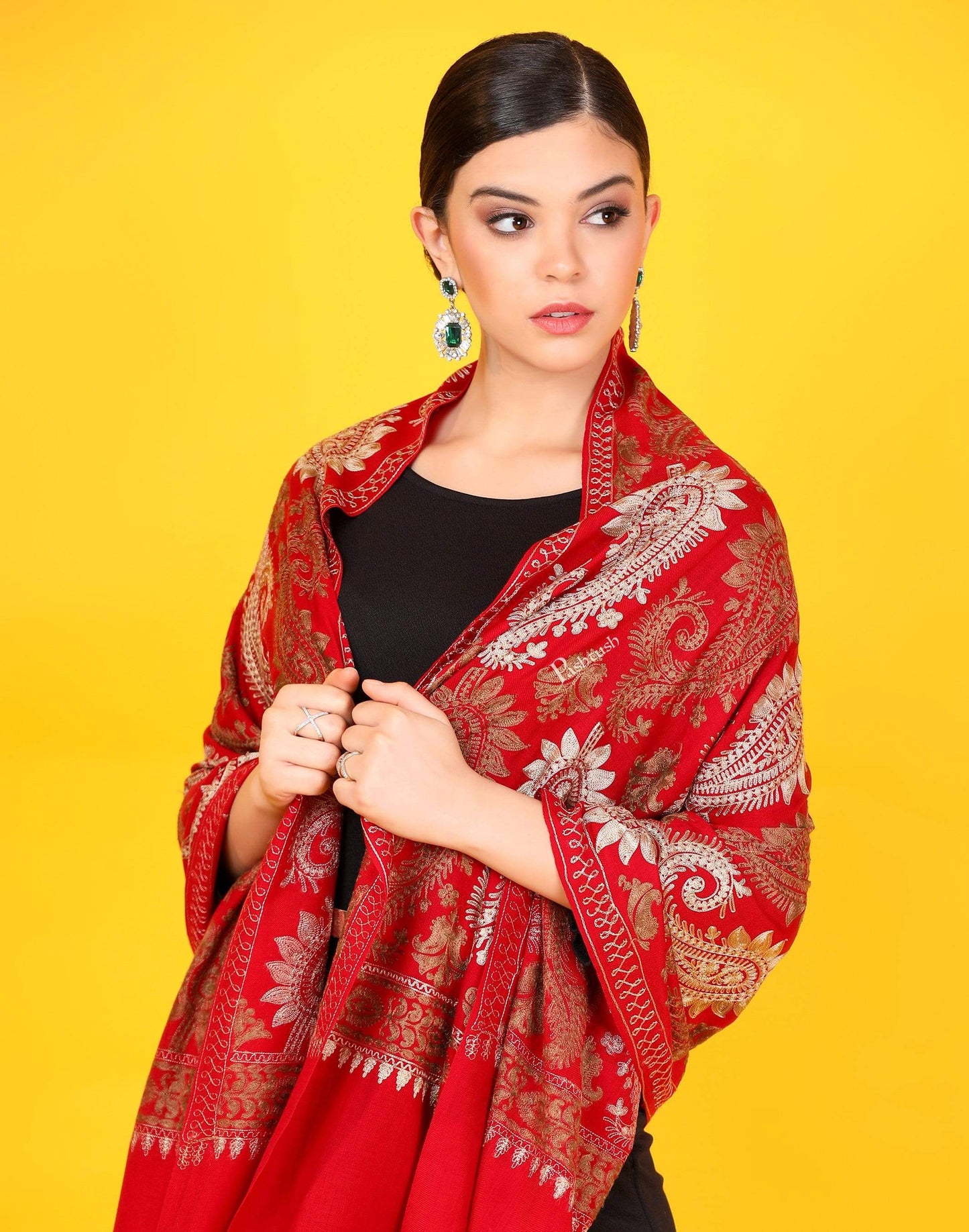 Pashtush Store Stole Pashtush Womens Fine Woollen, Silky Thread Nalki Embroidery Stole, red