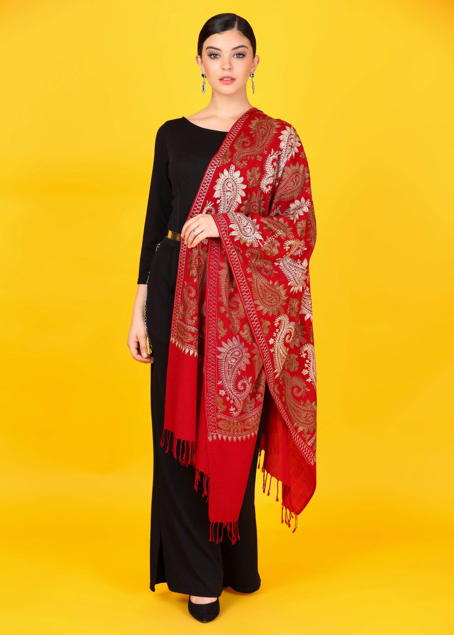 Pashtush Store Stole Pashtush Womens Fine Woollen, Silky Thread Nalki Embroidery Stole, red