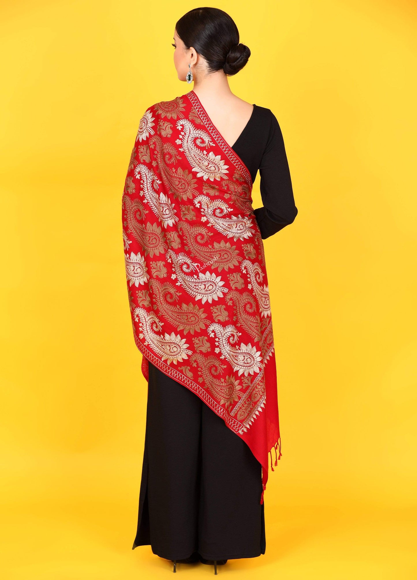 Pashtush Store Stole Pashtush Womens Fine Woollen, Silky Thread Nalki Embroidery Stole, red