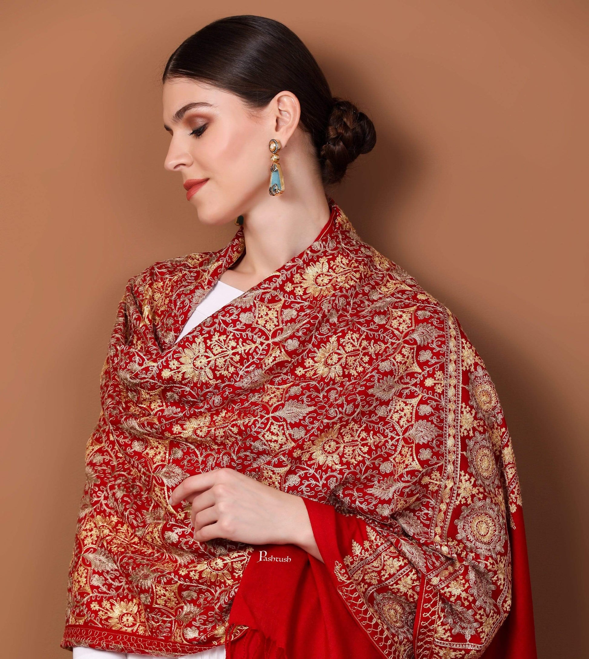 Pashtush Store Stole Pashtush Womens Fine Woollen, Silky Thread Nalki Embroidery Stole, Red