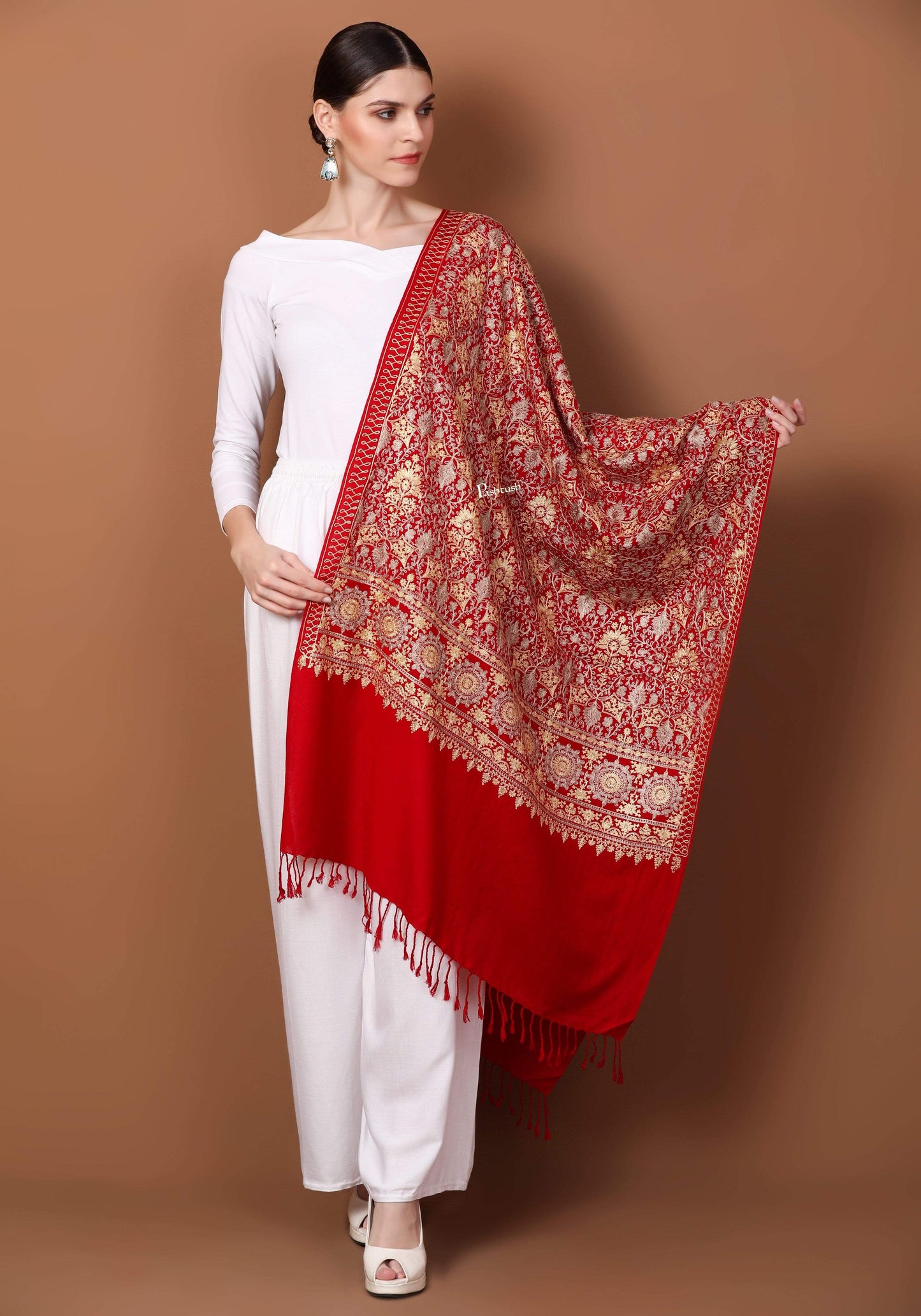 Pashtush Store Stole Pashtush Womens Fine Woollen, Silky Thread Nalki Embroidery Stole, Red
