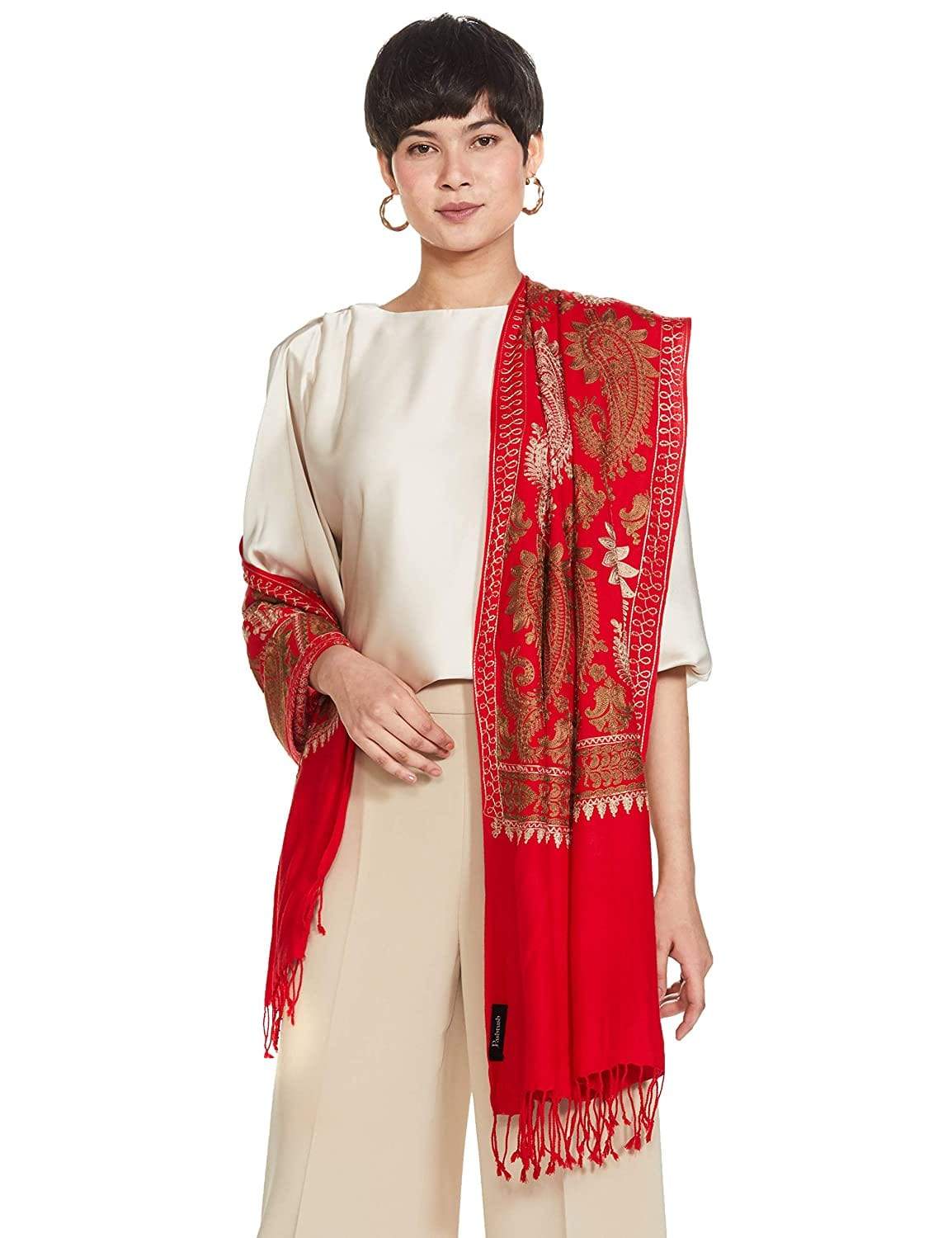 Pashtush India 70x200 Pashtush Womens Fine Woollen, Silky Thread Nalki Embroidery Stole, red