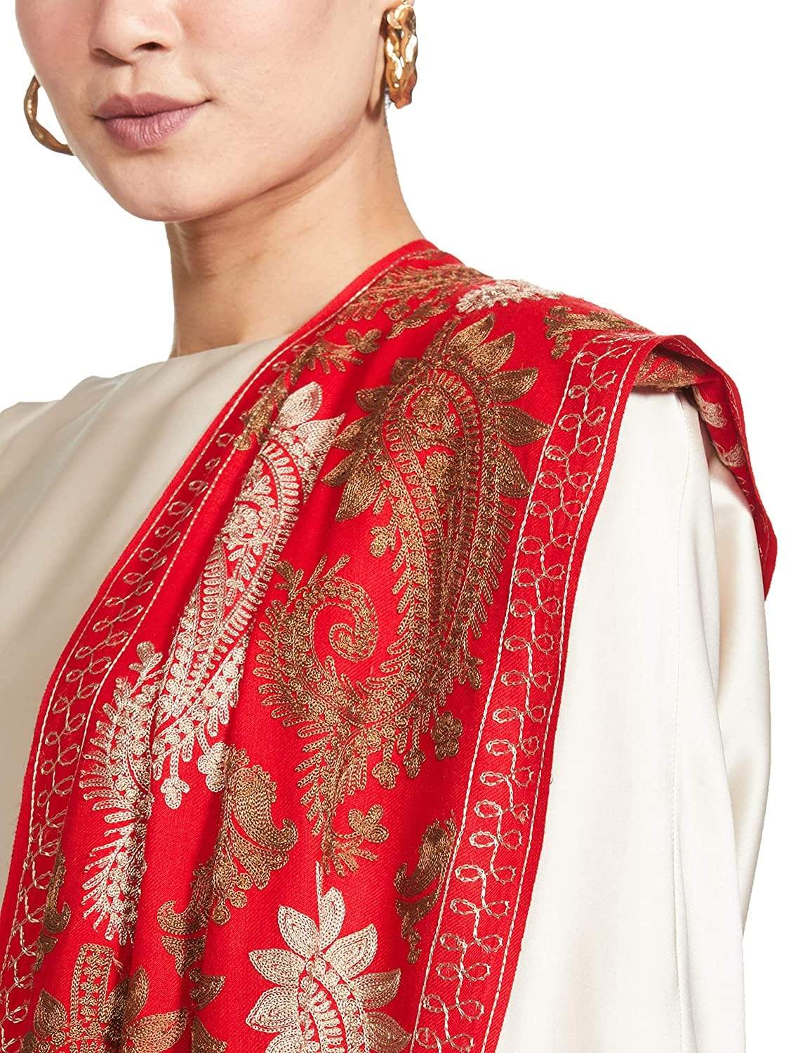 Pashtush India 70x200 Pashtush Womens Fine Woollen, Silky Thread Nalki Embroidery Stole, red