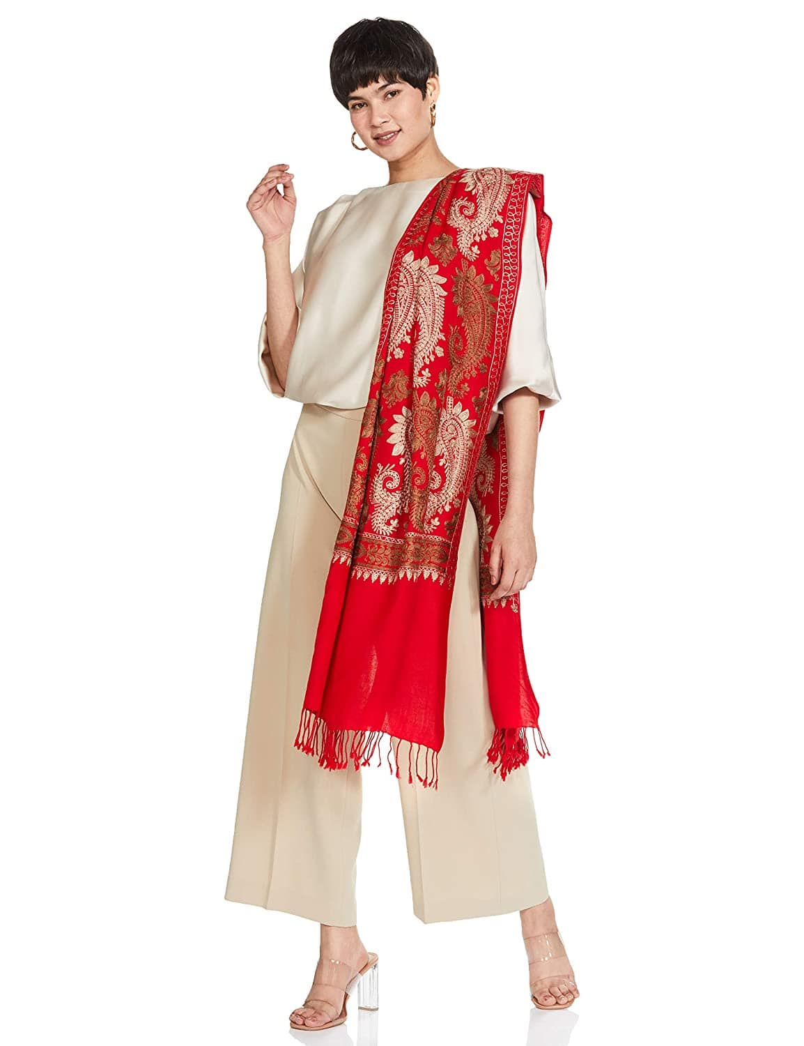 Pashtush India 70x200 Pashtush Womens Fine Woollen, Silky Thread Nalki Embroidery Stole, red