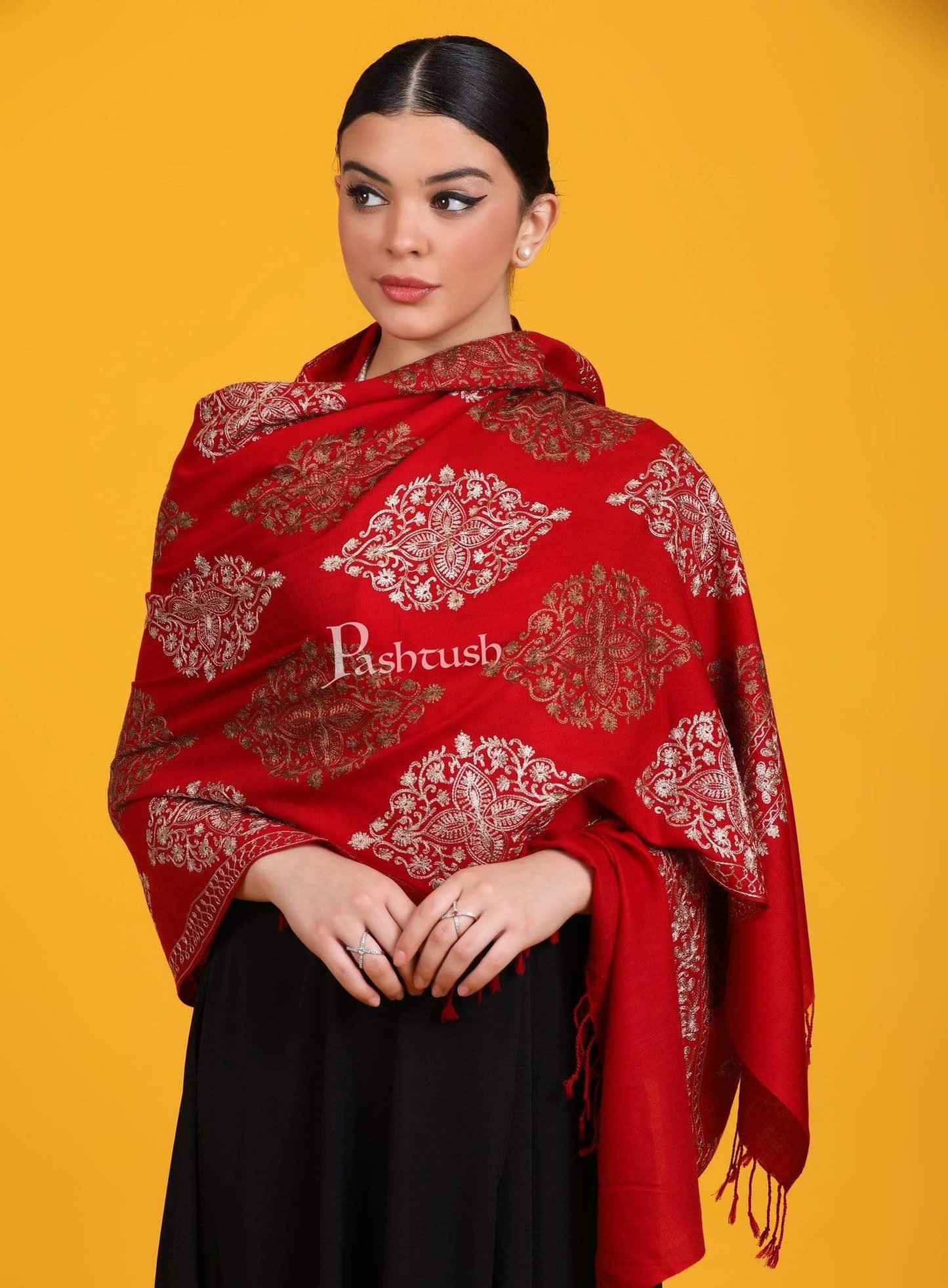 Pashtush India 70x200 Pashtush Womens Fine Woollen, Silky Thread Nalki Embroidery Stole, red