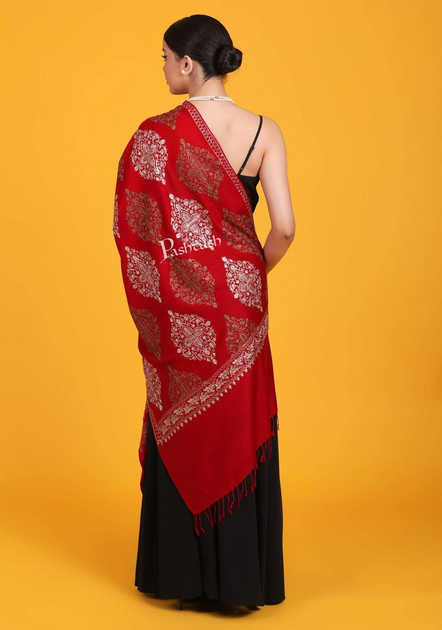 Pashtush India 70x200 Pashtush Womens Fine Woollen, Silky Thread Nalki Embroidery Stole, red