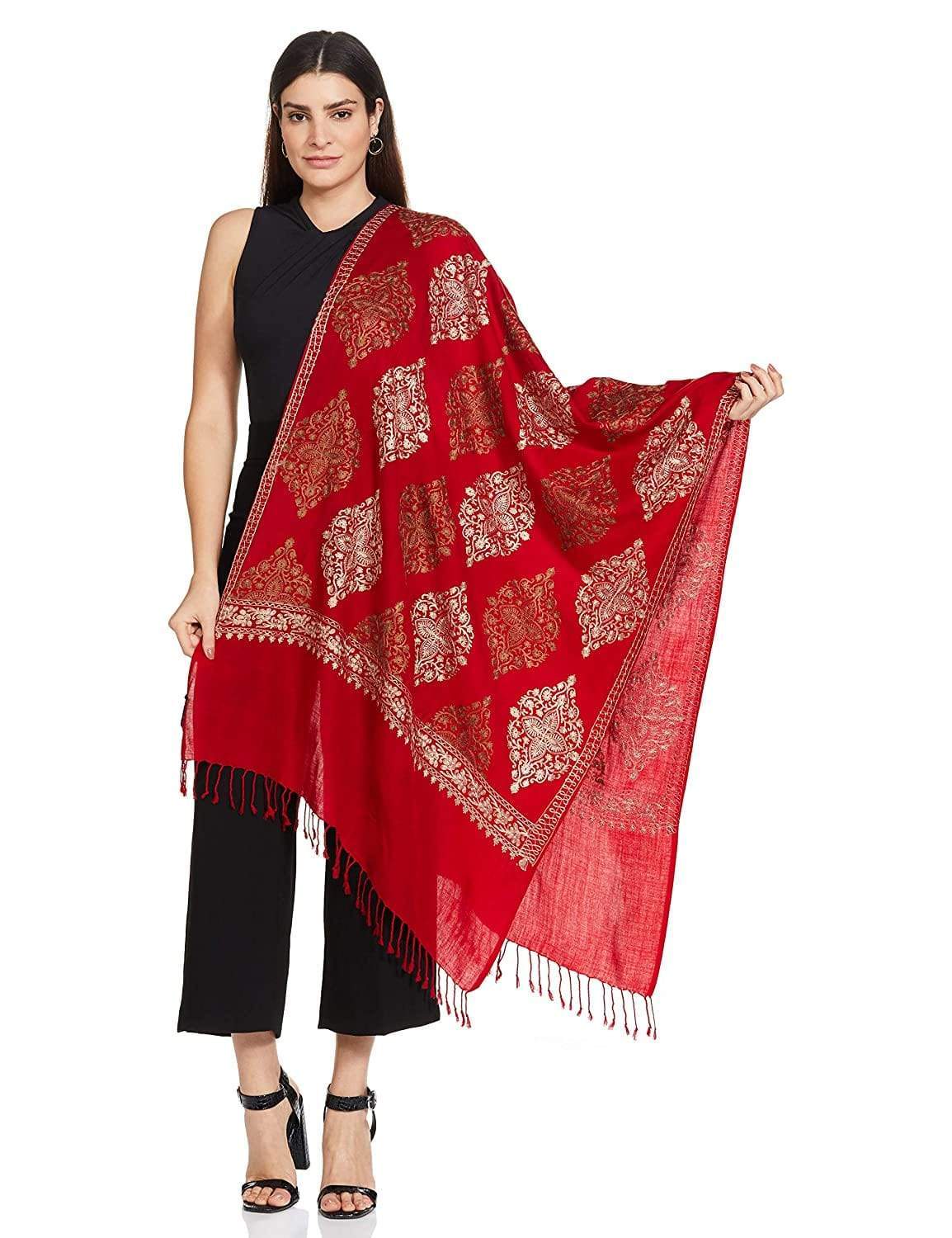 Pashtush India 70x200 Pashtush Womens Fine Woollen, Silky Thread Nalki Embroidery Stole, red