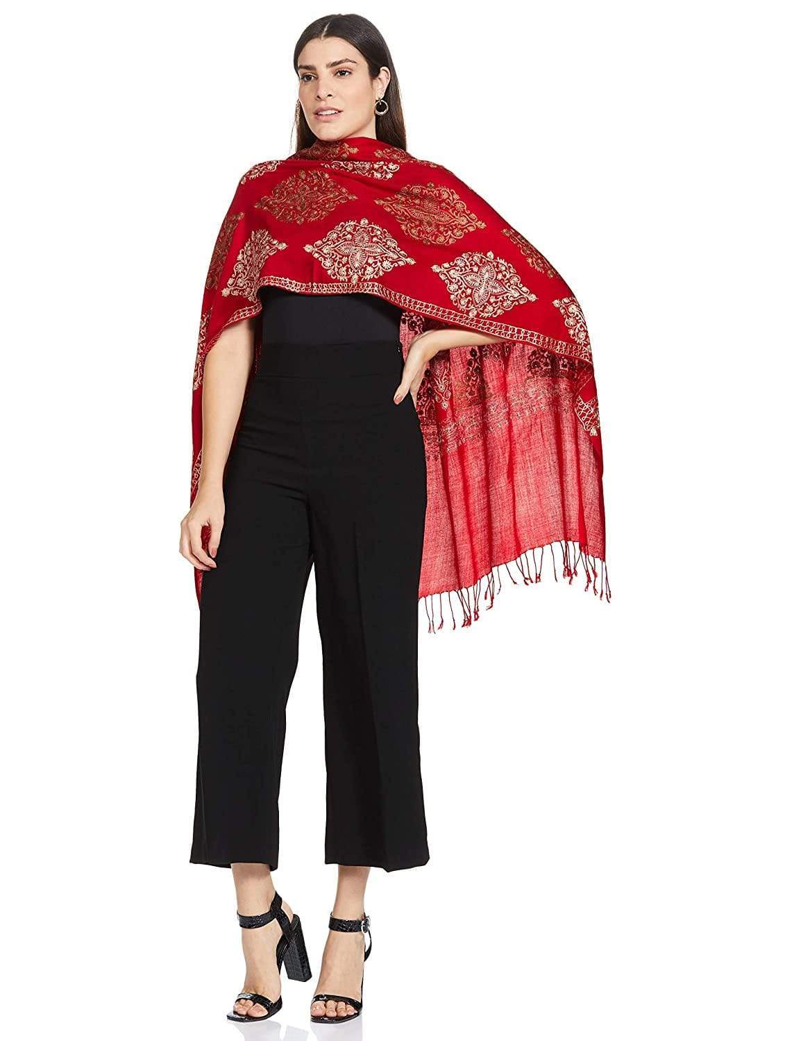 Pashtush India 70x200 Pashtush Womens Fine Woollen, Silky Thread Nalki Embroidery Stole, red