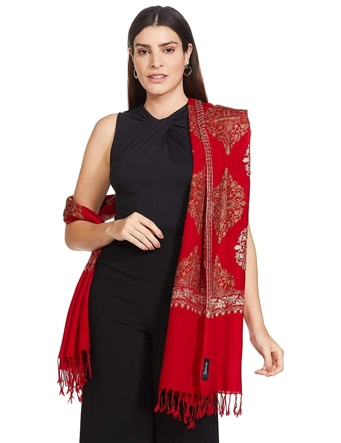 Pashtush India 70x200 Pashtush Womens Fine Woollen, Silky Thread Nalki Embroidery Stole, red