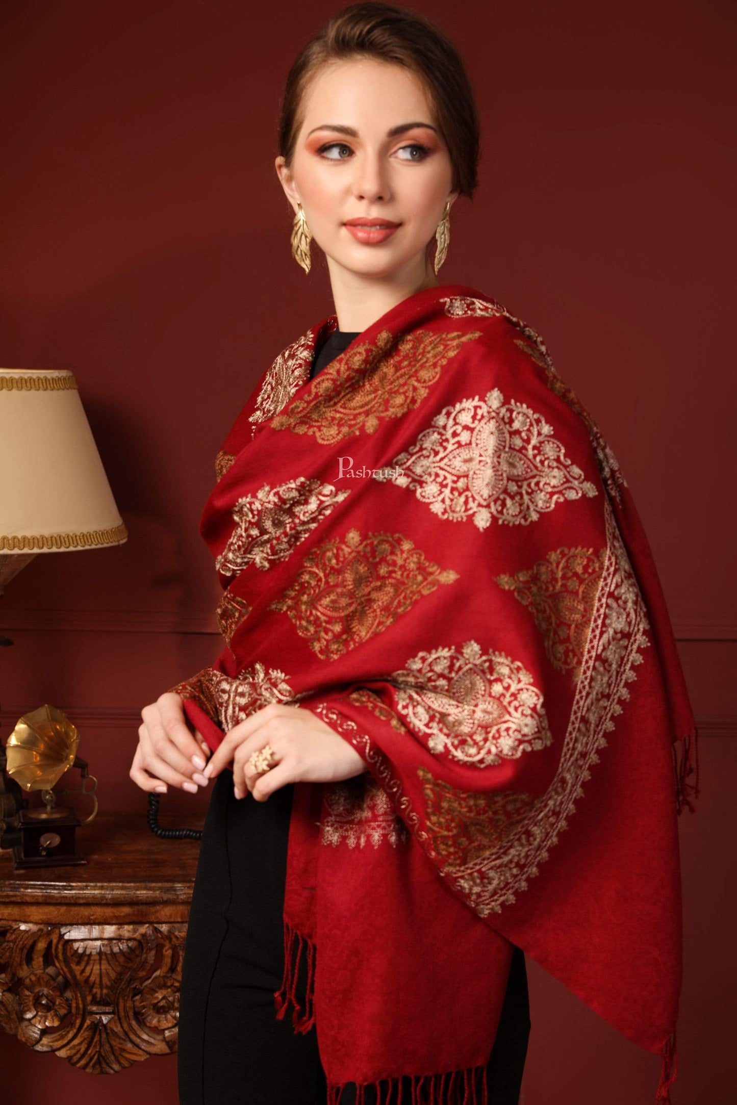 Pashtush India 70x200 Pashtush Womens Fine Woollen, Silky Thread Nalki Embroidery Stole, Red
