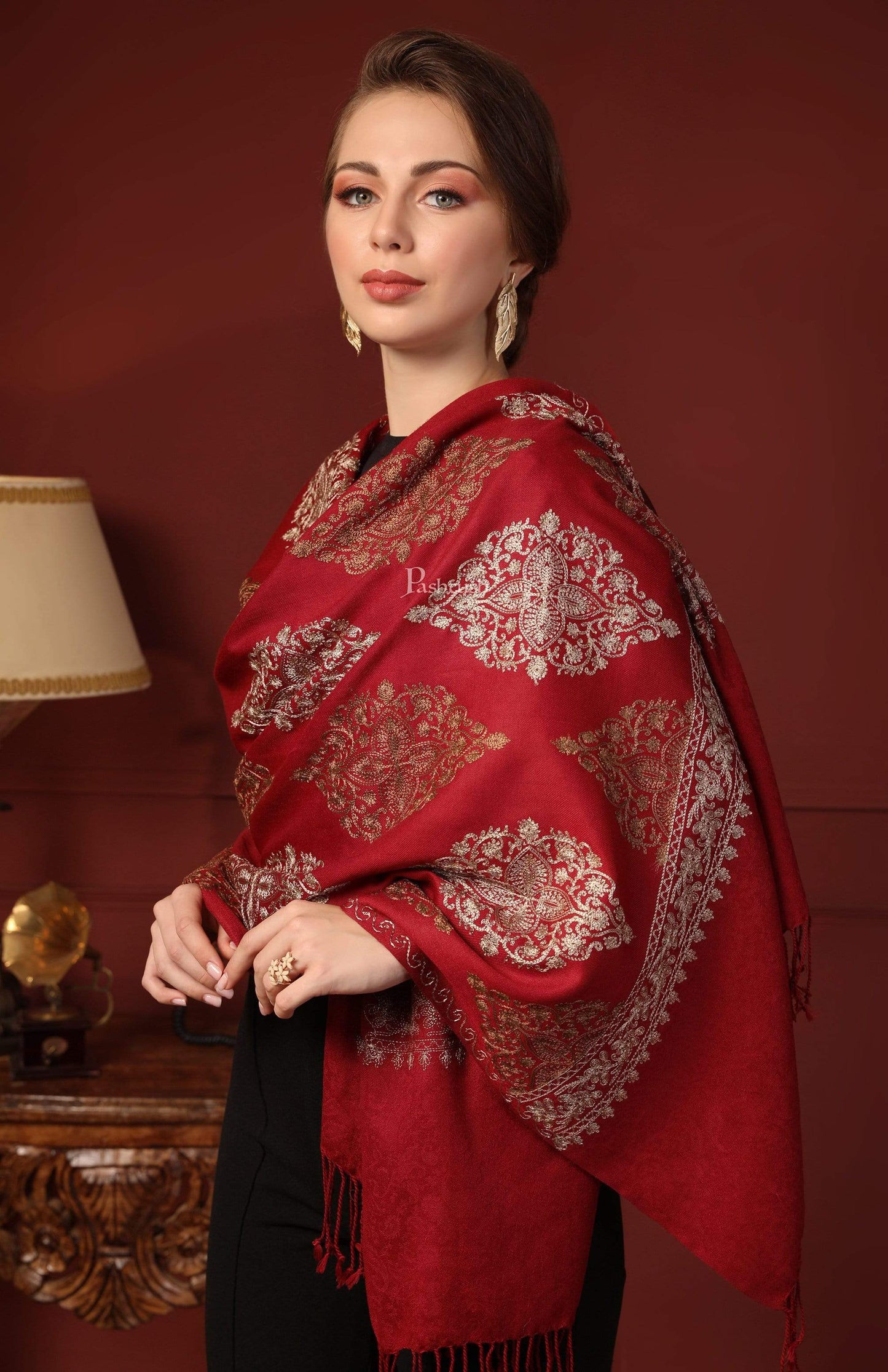 Pashtush India 70x200 Pashtush Womens Fine Woollen, Silky Thread Nalki Embroidery Stole, Red