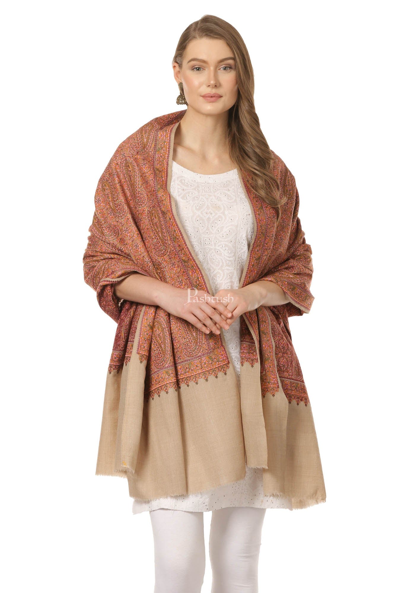 Pashtush India Womens Shawls Pashtush Womens Fineembroidery Shawl With Silk Thread Embroidery