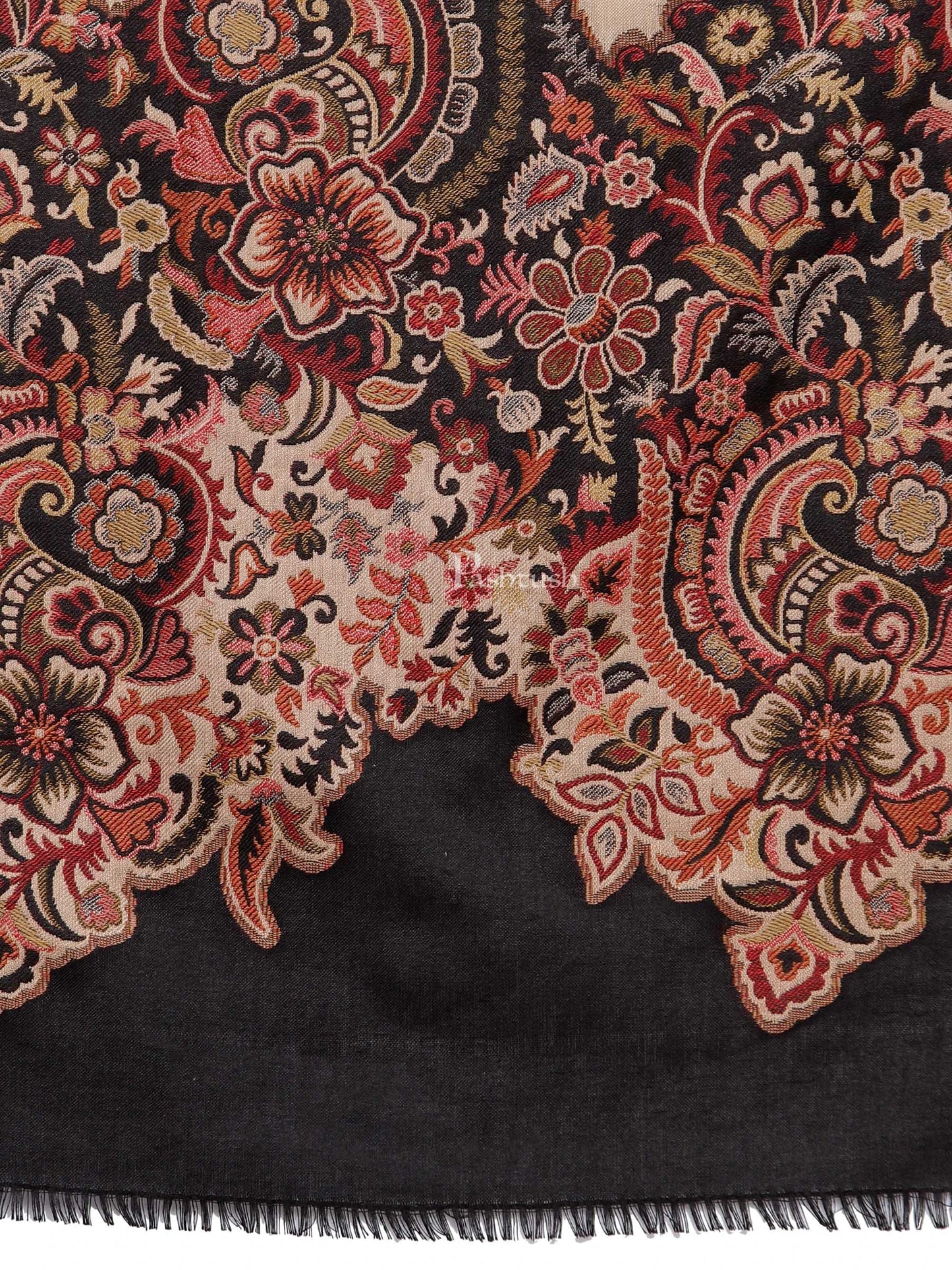 Pashtush India Womens Shawls Pashtush Womens Floral Jacquard Twin Coloured Shawl Black Beige
