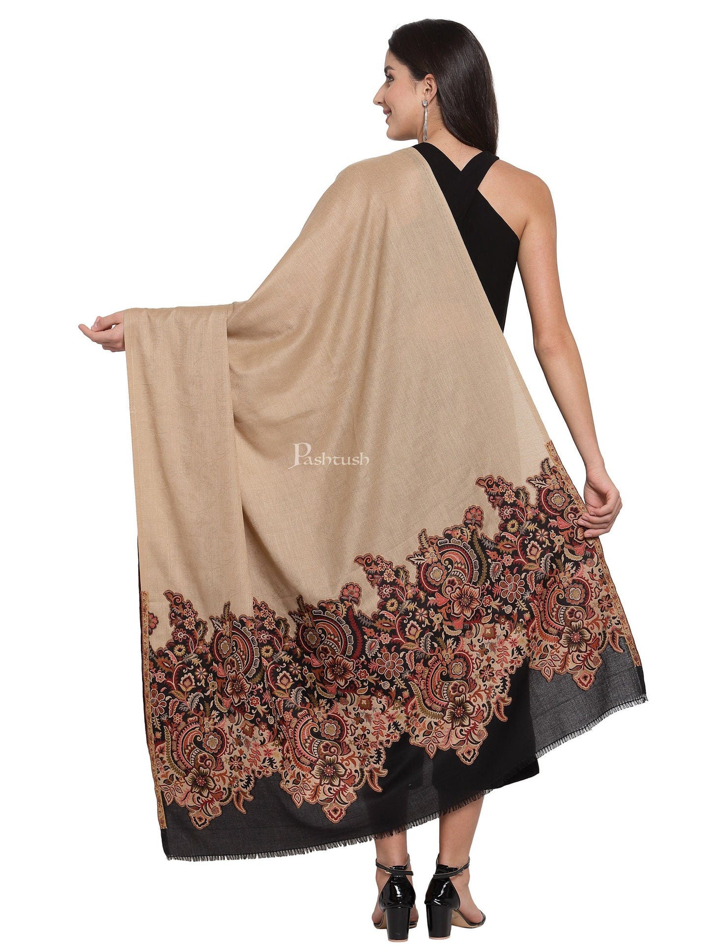 Pashtush India Womens Shawls Pashtush Womens Floral Jacquard Twin Coloured Shawl Black Beige