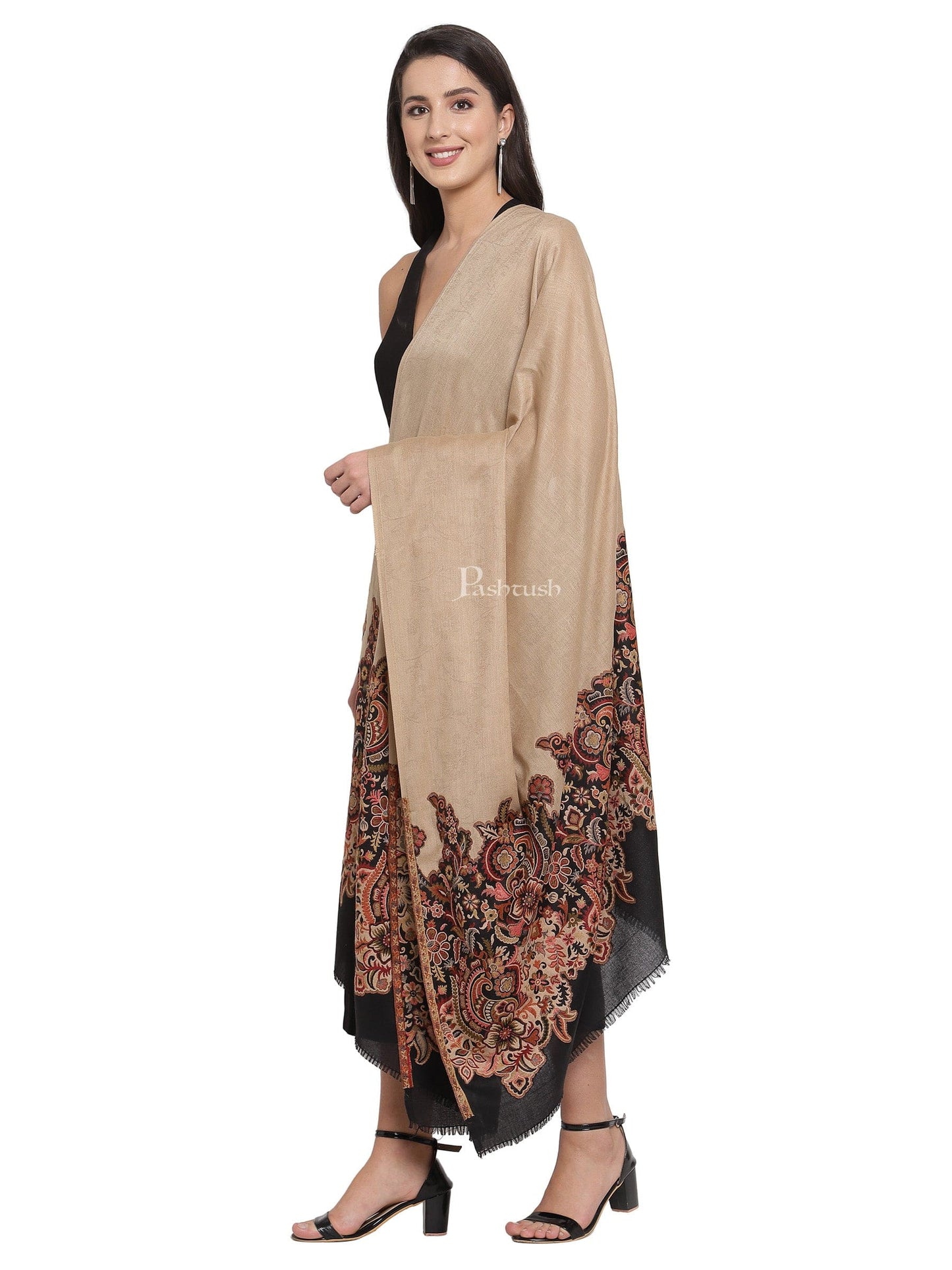 Pashtush India Womens Shawls Pashtush Womens Floral Jacquard Twin Coloured Shawl Black Beige