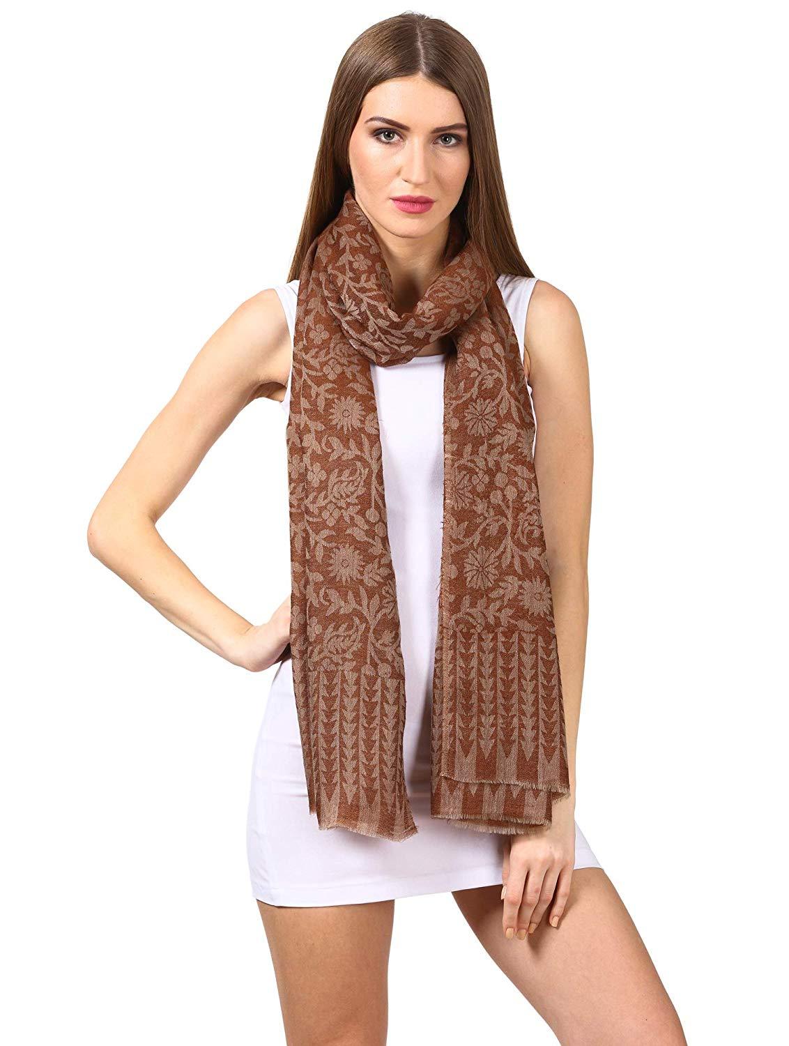 Pashtush Womens Floral Fine Wool Handfeel Reversible Scarf Stole Coffee
