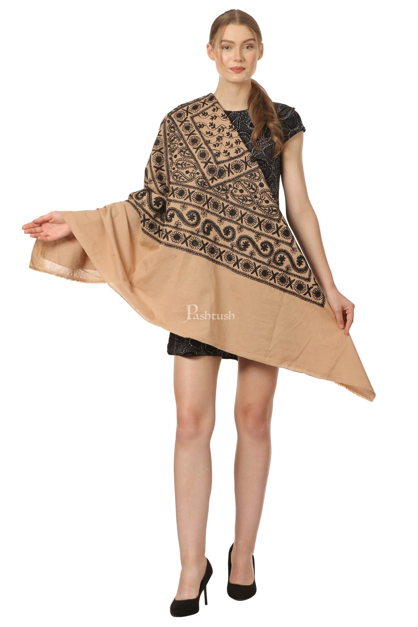 Pashtush India Womens Cape Pashtush Womens Hand Embroidered Kaftan Square Shawl, With Aari Embroidery, Cotton.