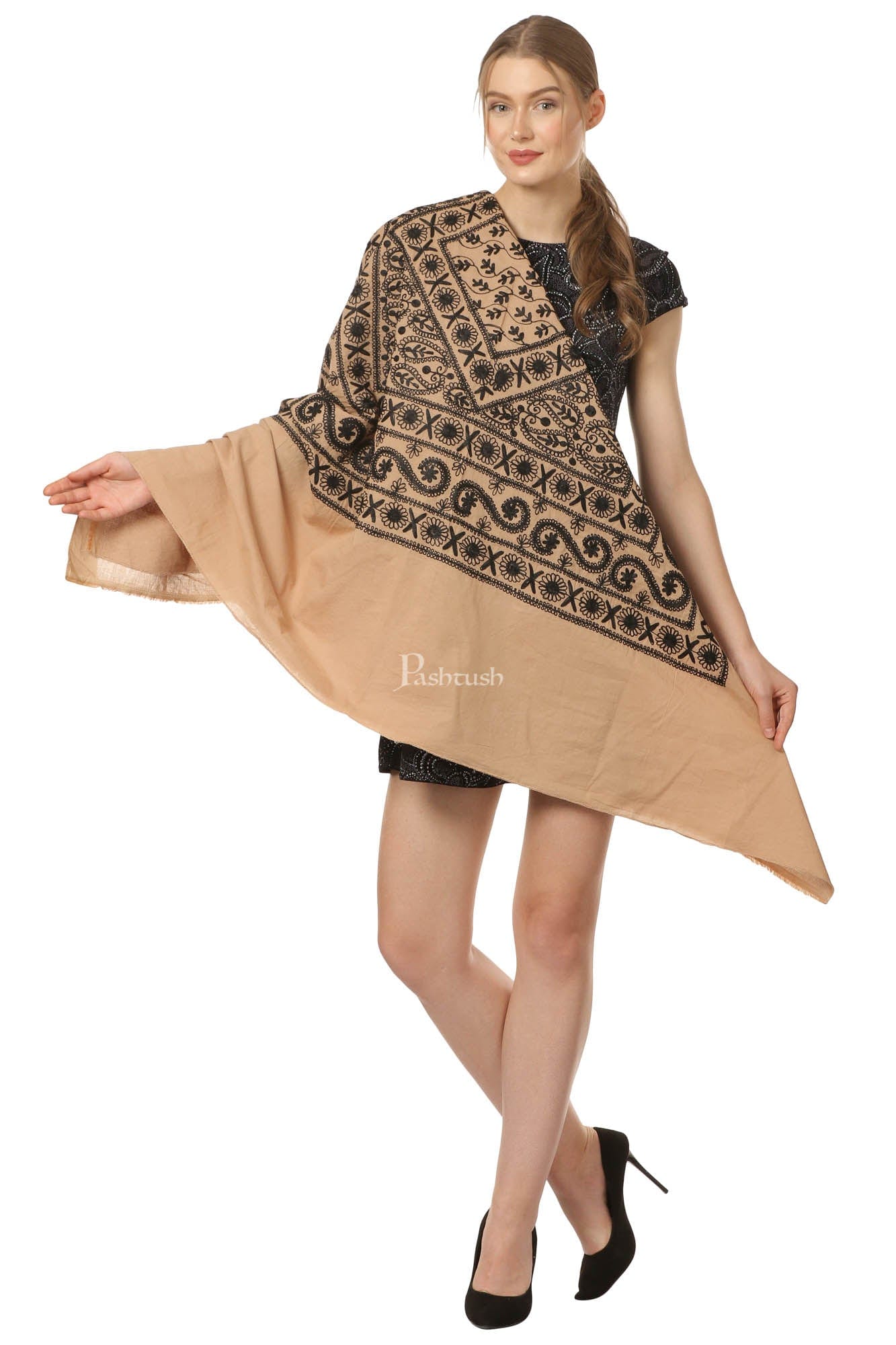 Pashtush India Womens Cape Pashtush Womens Hand Embroidered Kaftan Square Shawl, With Aari Embroidery, Cotton.
