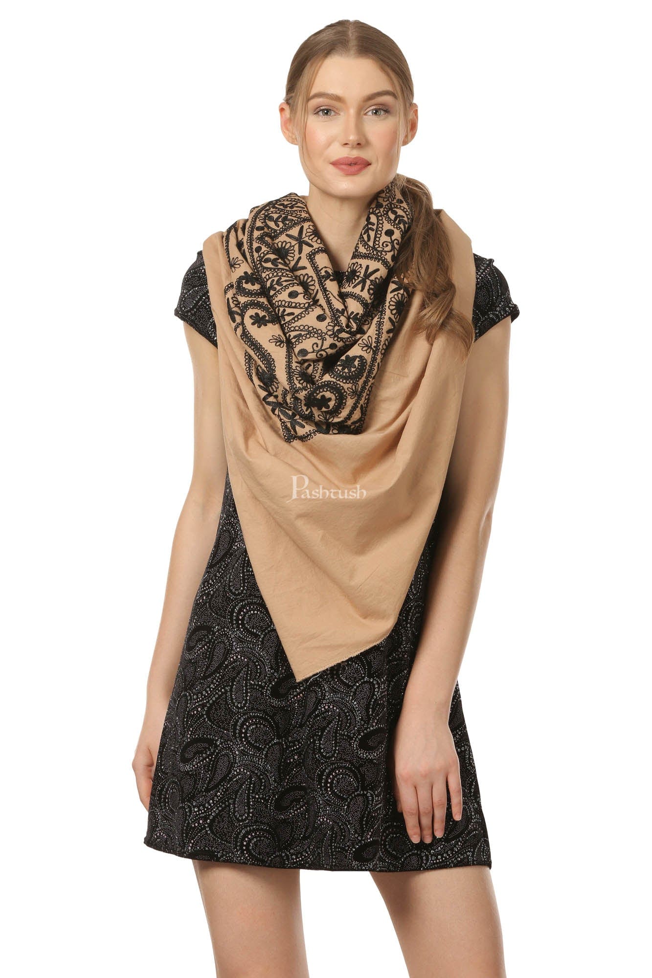 Pashtush India Womens Cape Pashtush Womens Hand Embroidered Kaftan Square Shawl, With Aari Embroidery, Cotton.