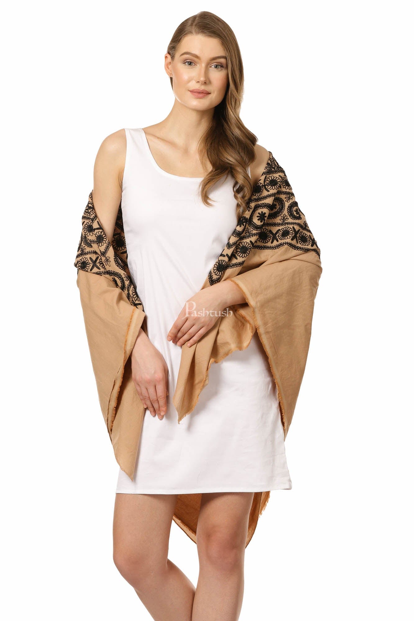 Pashtush India Womens Cape Pashtush Womens Hand Embroidered Kaftan Square Shawl, With Aari Embroidery, Cotton.