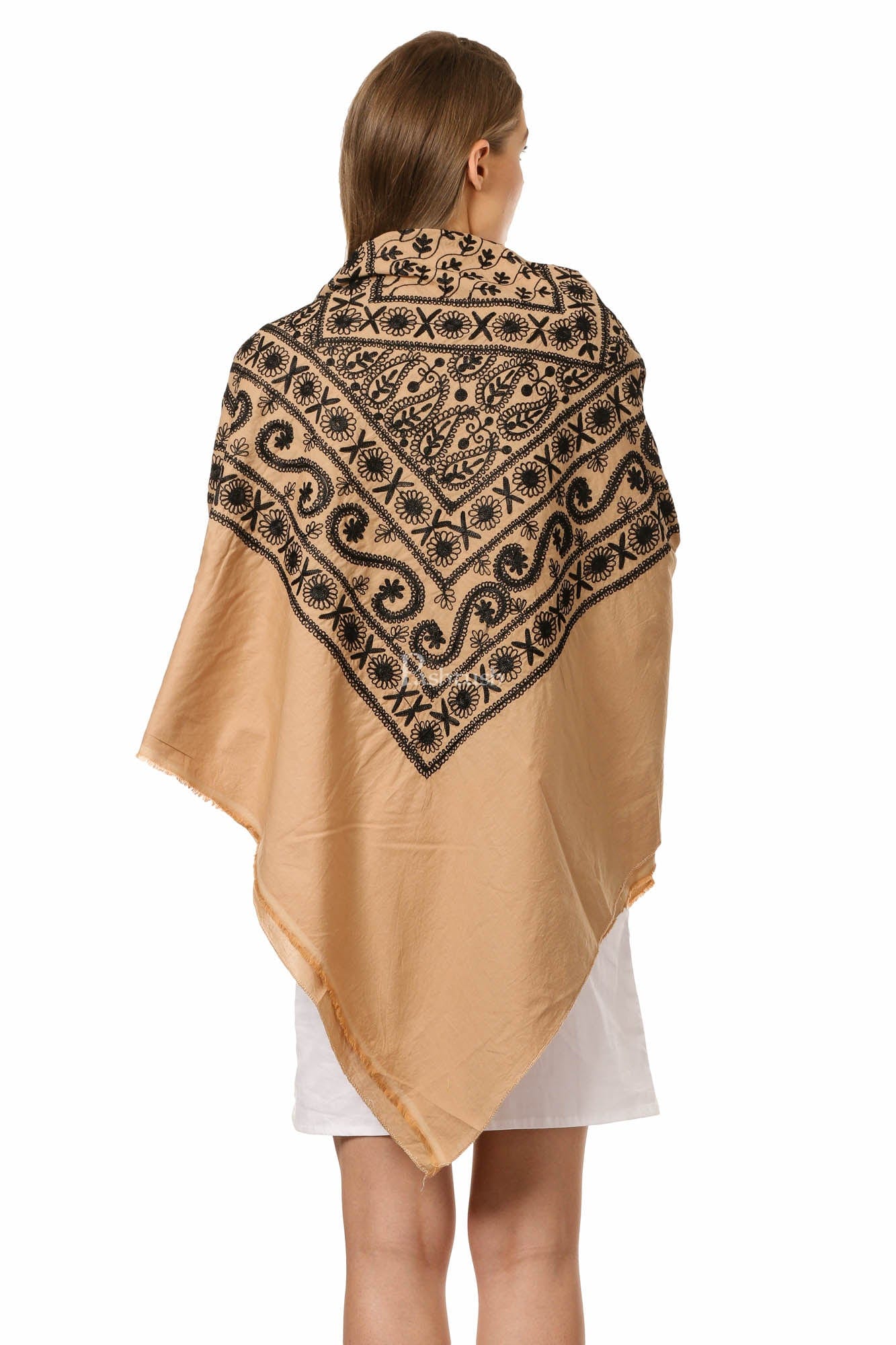 Pashtush India Womens Cape Pashtush Womens Hand Embroidered Kaftan Square Shawl, With Aari Embroidery, Cotton.