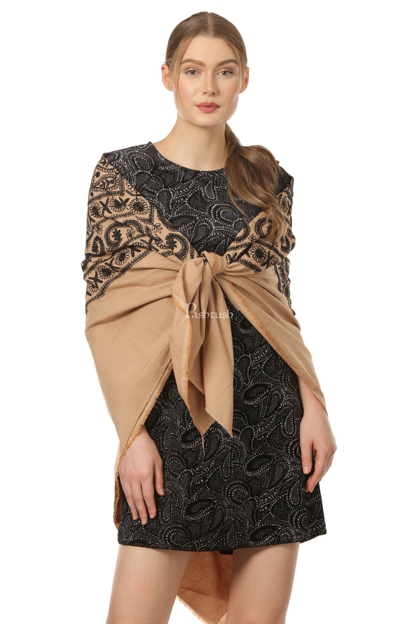 Pashtush India Womens Cape Pashtush Womens Hand Embroidered Kaftan Square Shawl, With Aari Embroidery, Cotton.