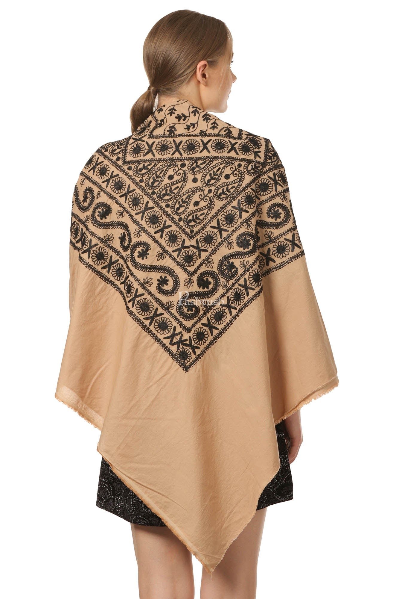 Pashtush India Womens Cape Pashtush Womens Hand Embroidered Kaftan Square Shawl, With Aari Embroidery, Cotton.