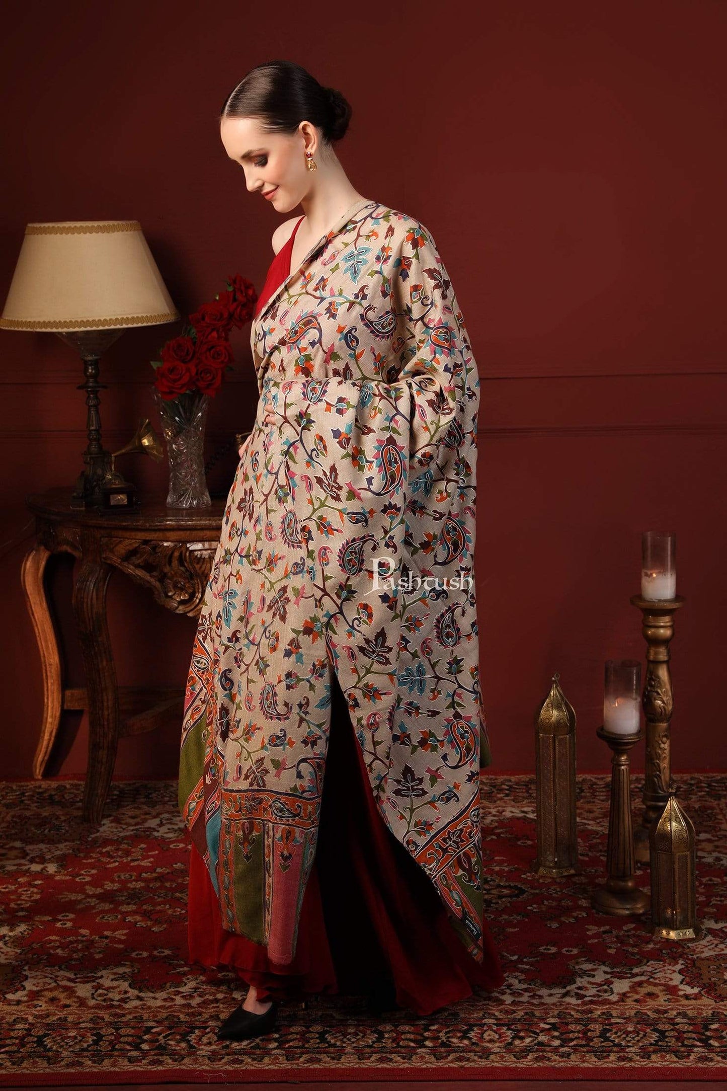 Pashtush India 114x228 Pashtush Womens Hand Embroidered Kalamkari Shawl, Fine Wool