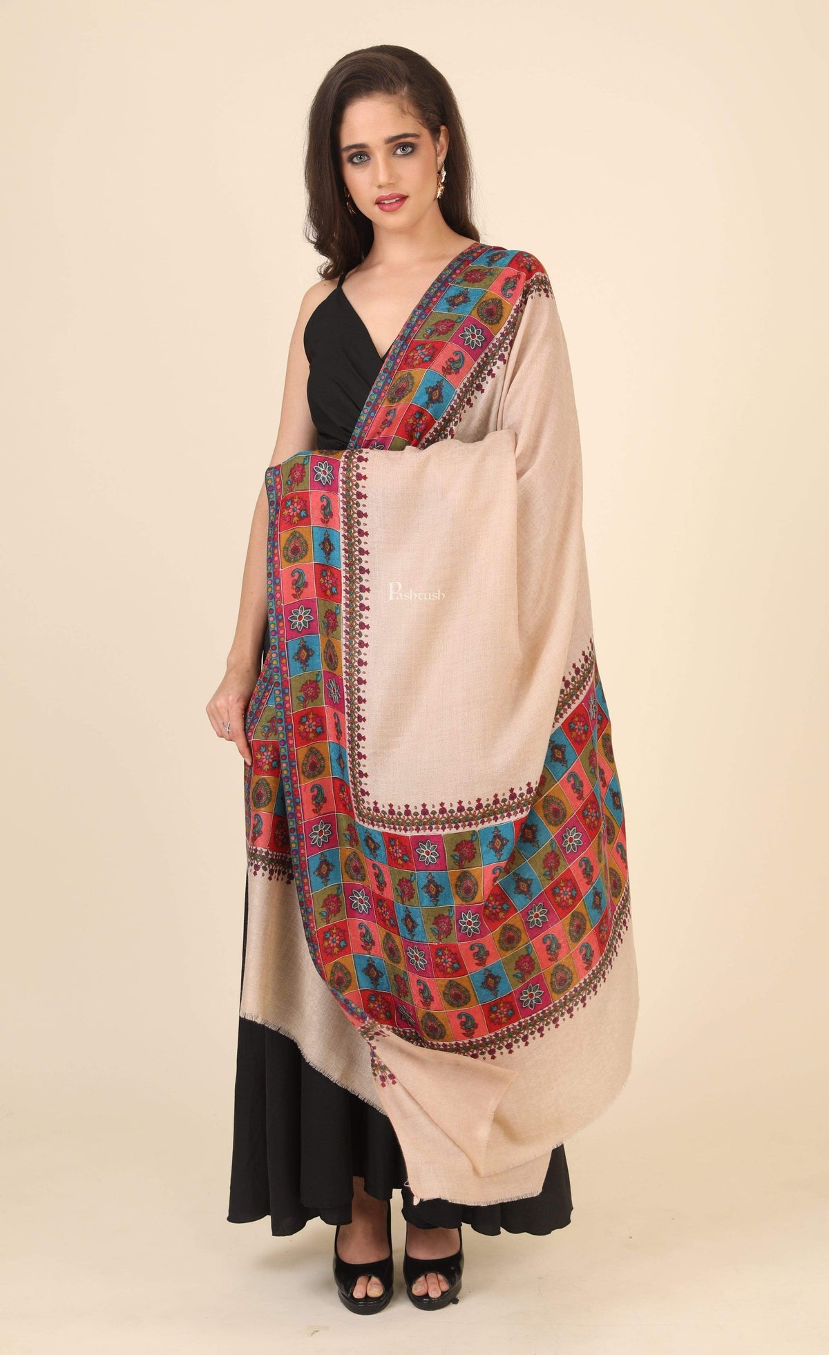 Pashtush India 114x228 Pashtush Womens Hand Embroidered Kalamkari Shawl, Fine Wool