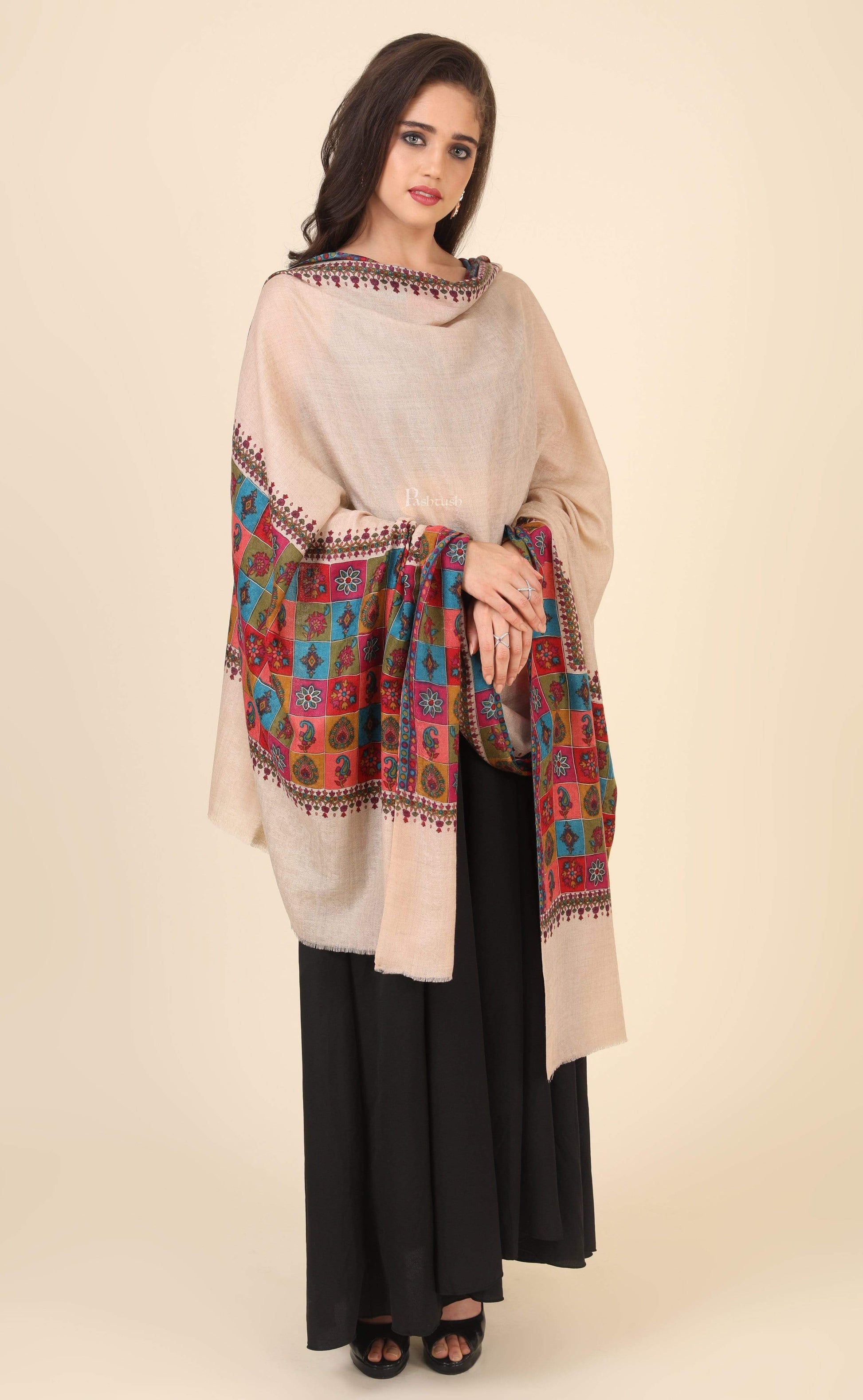 Pashtush India 114x228 Pashtush Womens Hand Embroidered Kalamkari Shawl, Fine Wool