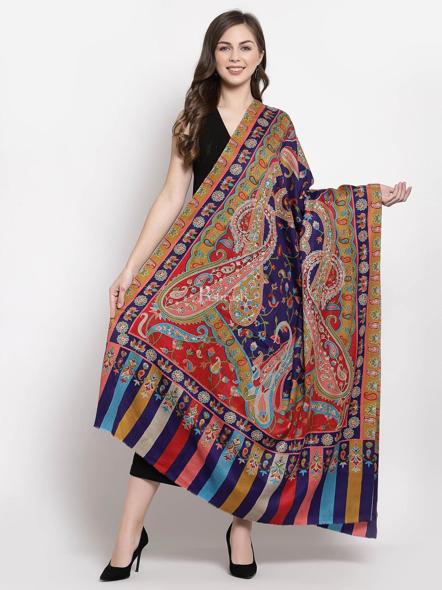 Pashtush India Womens Shawls Pashtush Womens Hand Embroidered Kalamkari Shawl, Fine Wool