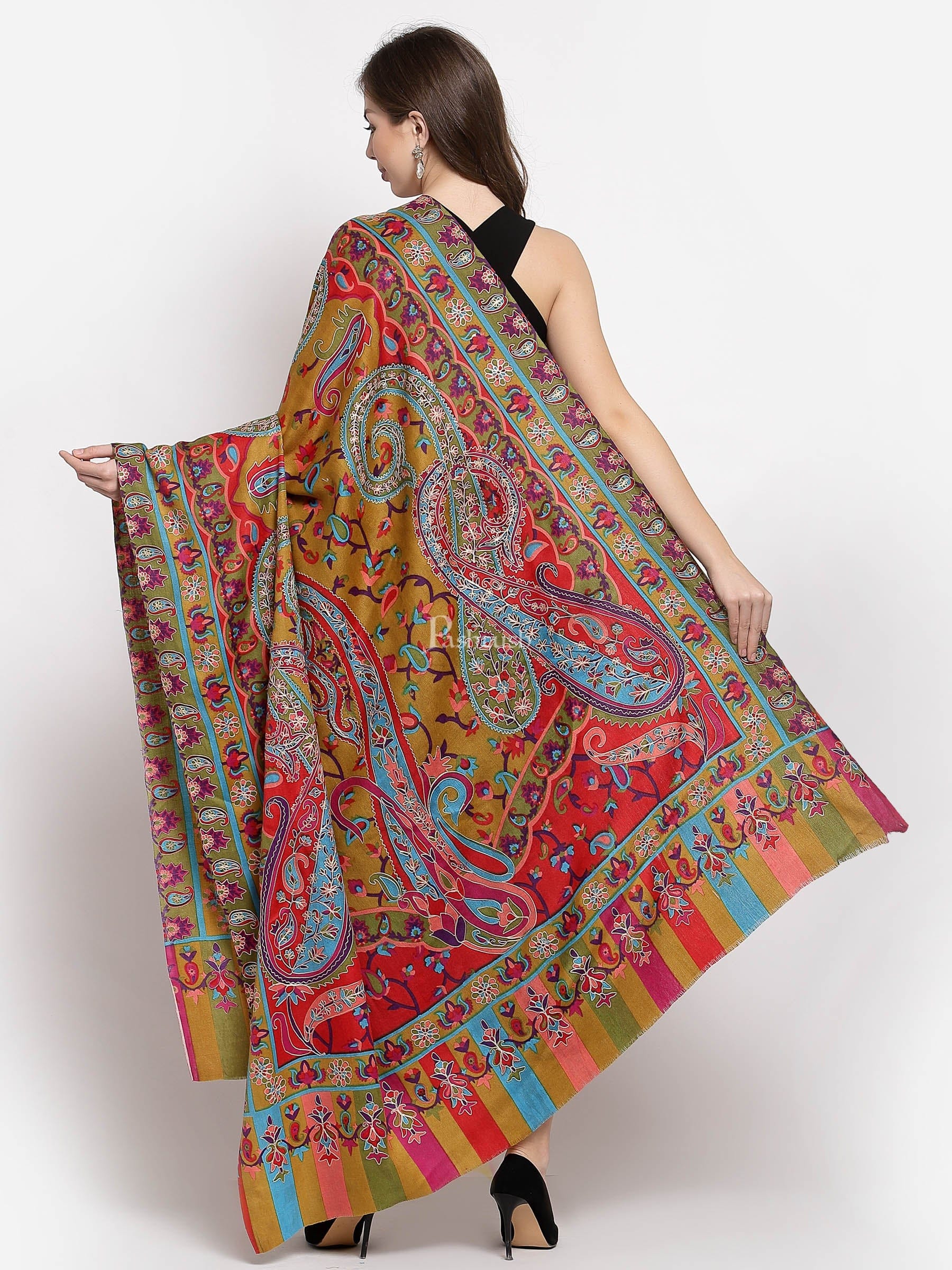 Pashtush India Womens Shawls Pashtush Womens Hand Embroidered Kalamkari Shawl, Soft And Warm, Light Weight Fine Wool