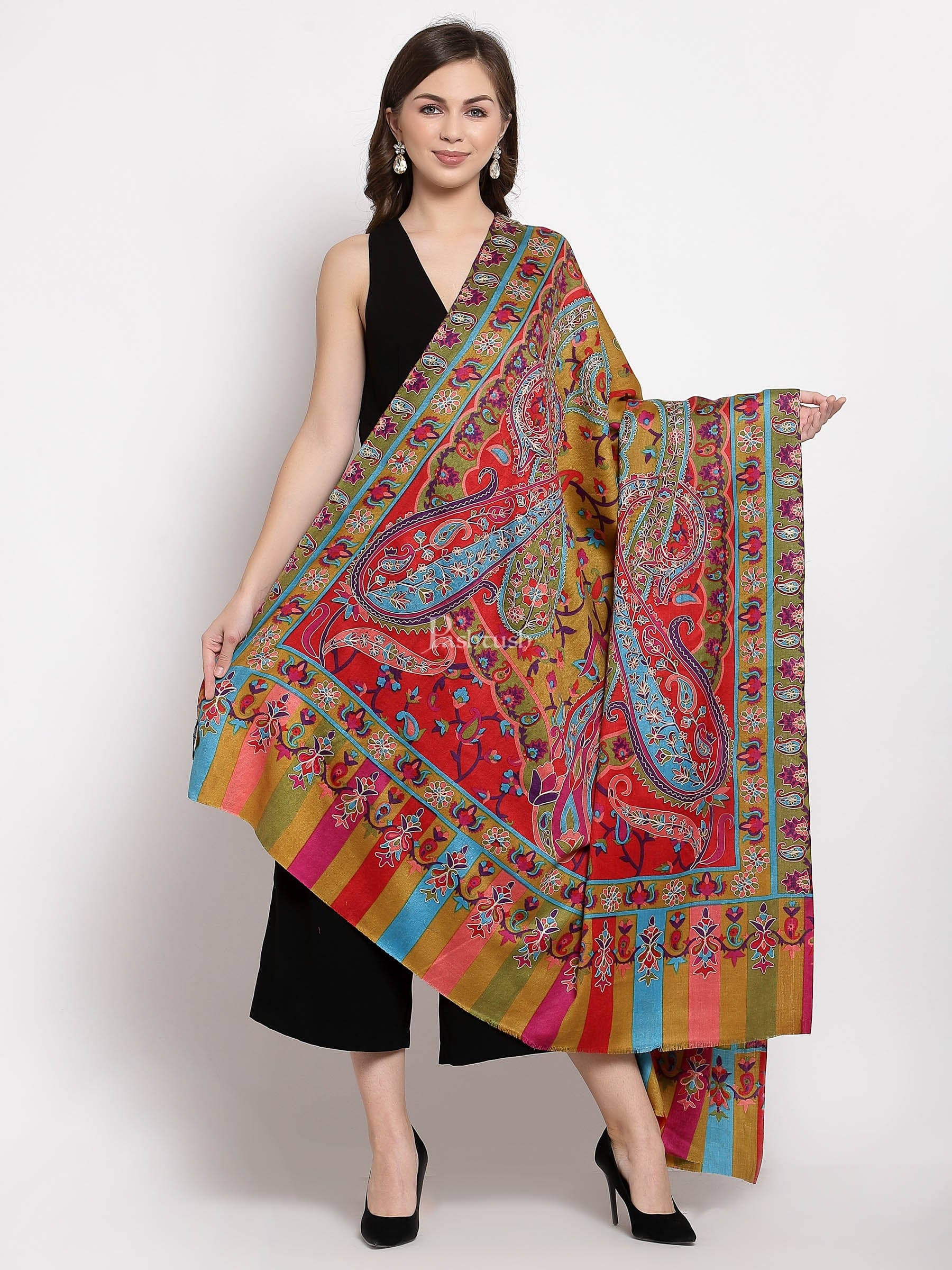 Pashtush India Womens Shawls Pashtush Womens Hand Embroidered Kalamkari Shawl, Soft And Warm, Light Weight Fine Wool