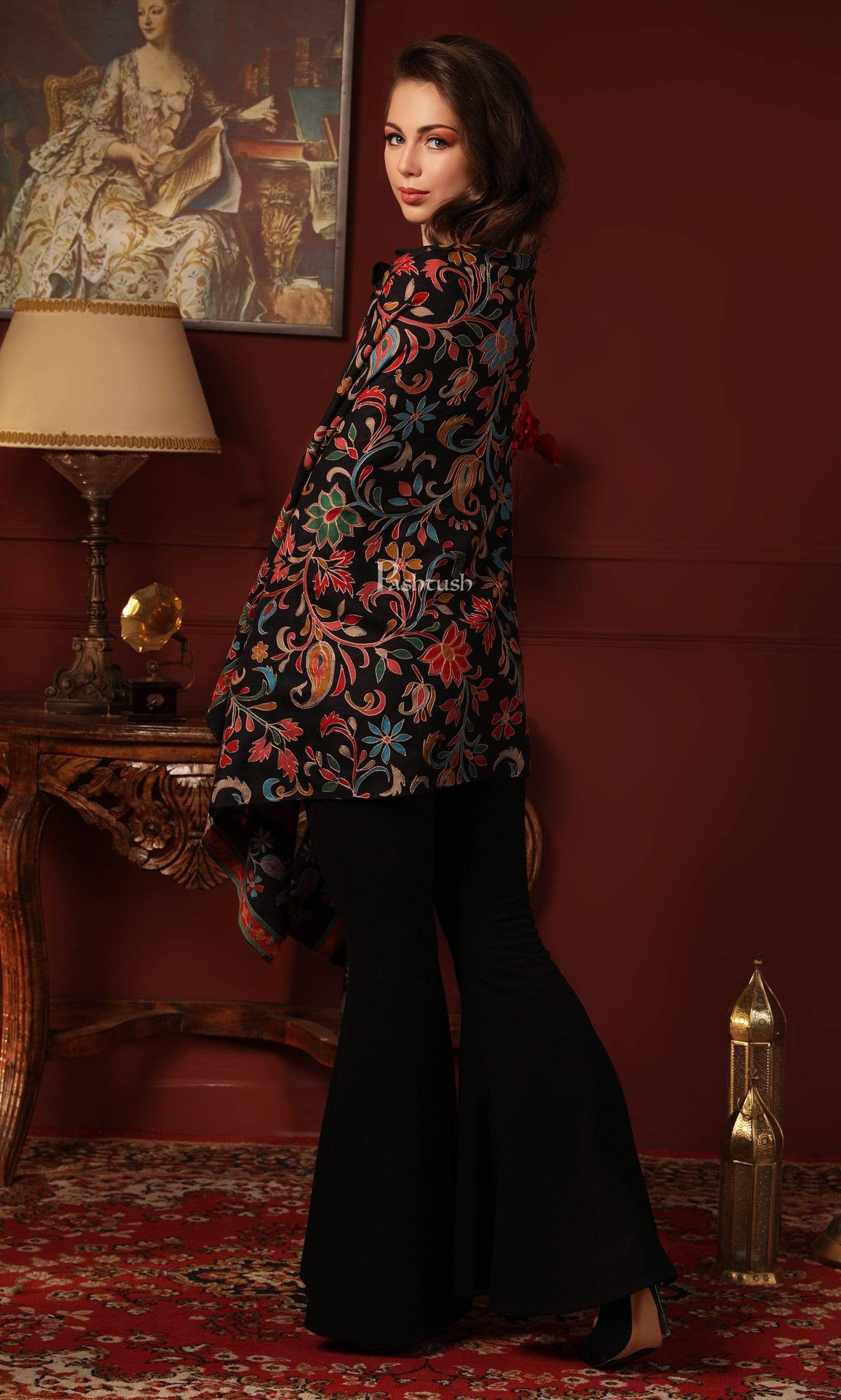 Pashtush India 70x200 Pashtush Womens Hand Embroidery Kalamkari Stole, With Outlined Nalki Work