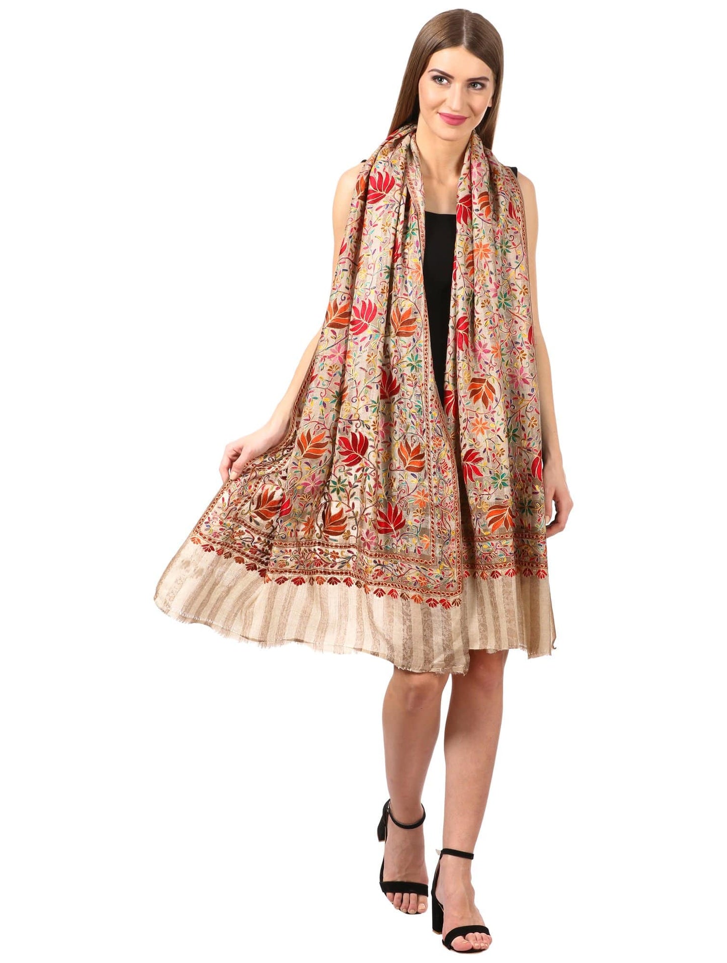 Pashtush Womens Hand Embroidery Nalki Stole, Multicoloured