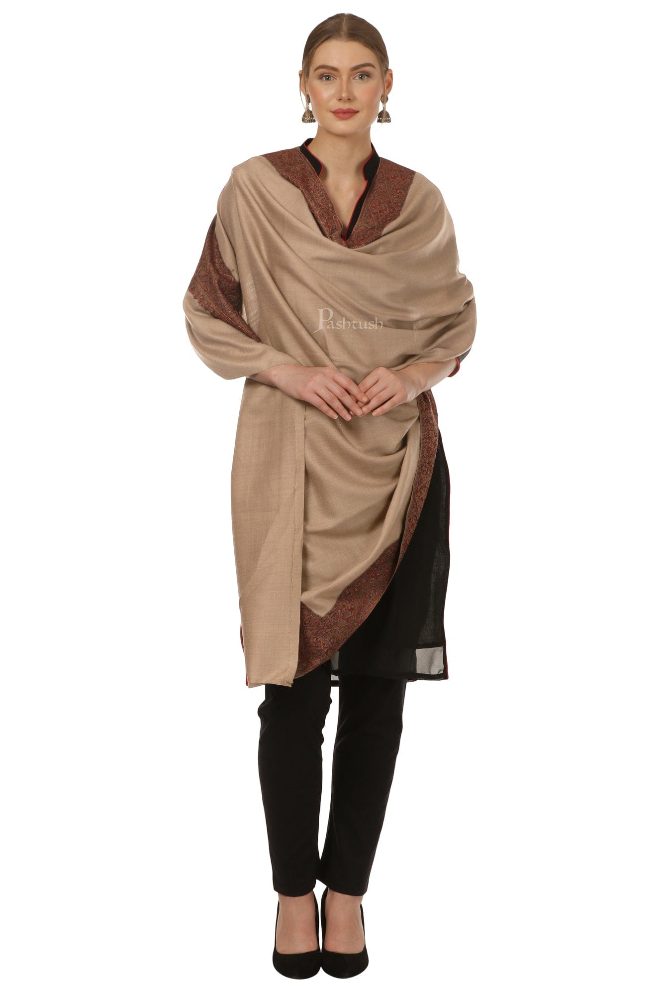 Pashtush India Womens Shawls Pashtush Womens Hand Embroidery Shawl, Border Design Shawls