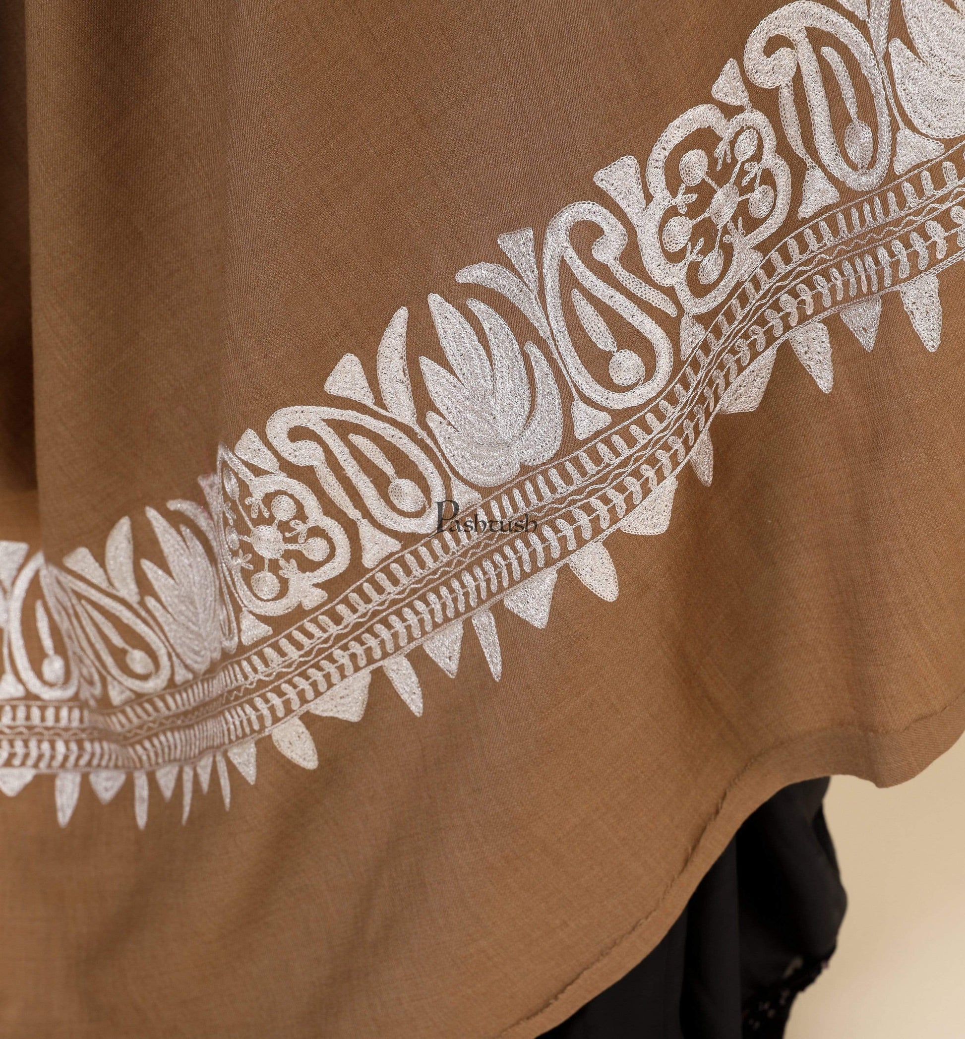 Pashtush India 100x200 Pashtush Womens Hand Embroidery Shawl, Border Design With Tilla Zari Work - Beige