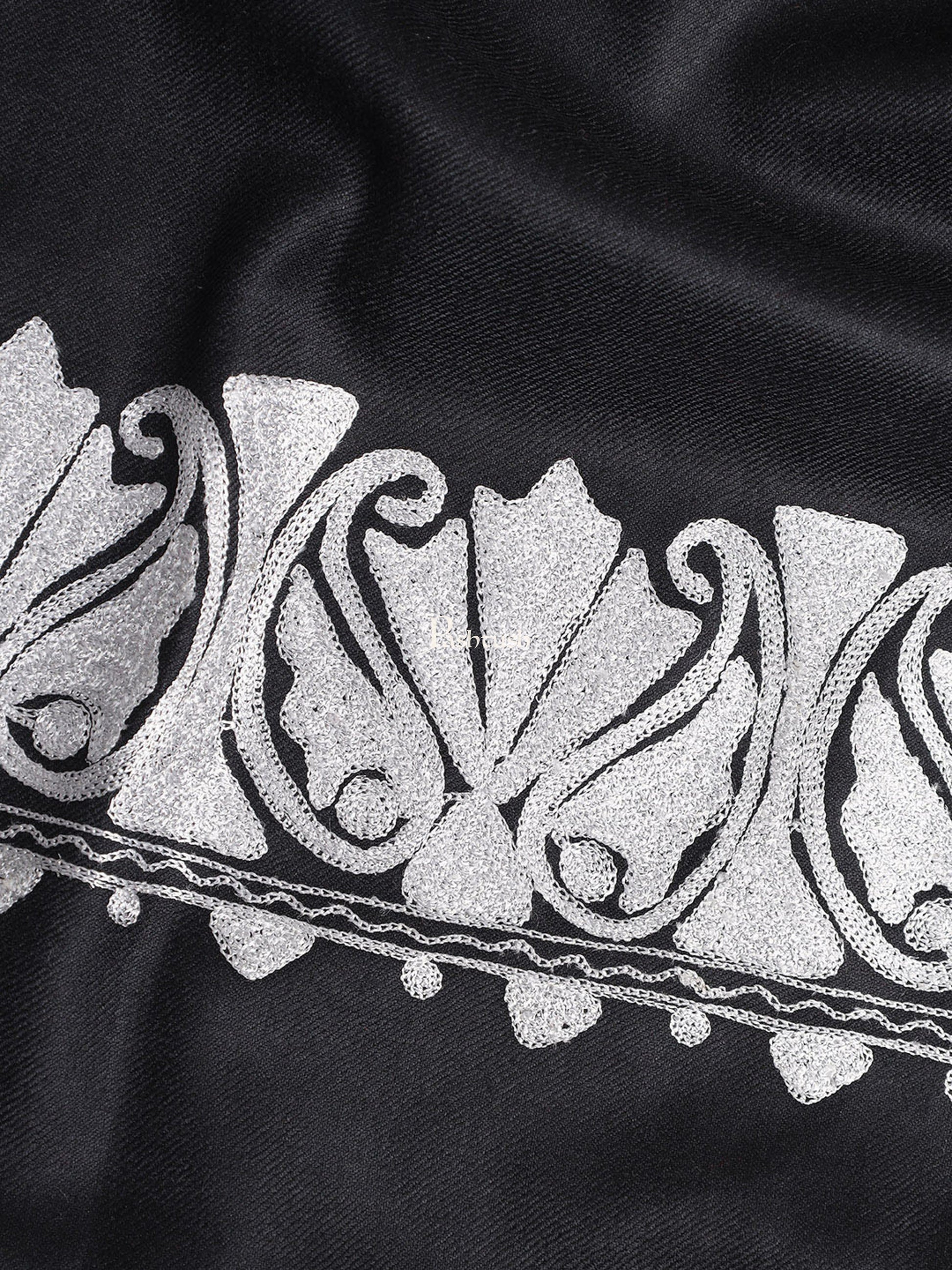 Pashtush India Womens Shawls Pashtush Womens Hand Embroidery Shawl, Border Design With Tilla Zari Work - Black
