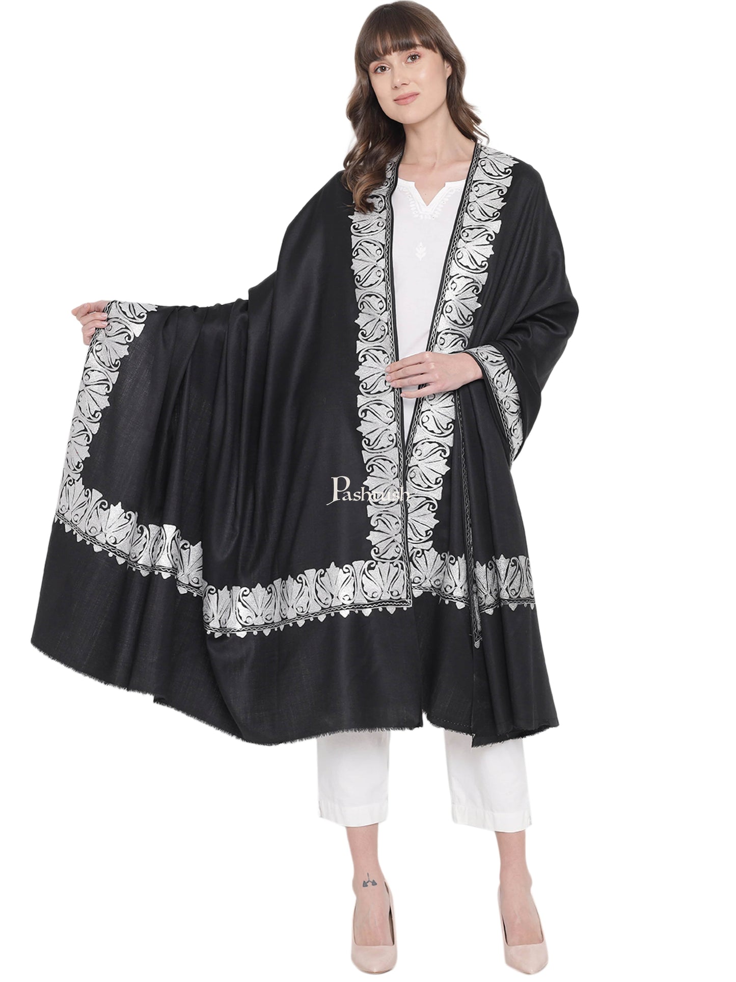 Pashtush India Womens Shawls Pashtush Womens Hand Embroidery Shawl, Border Design With Tilla Zari Work - Black