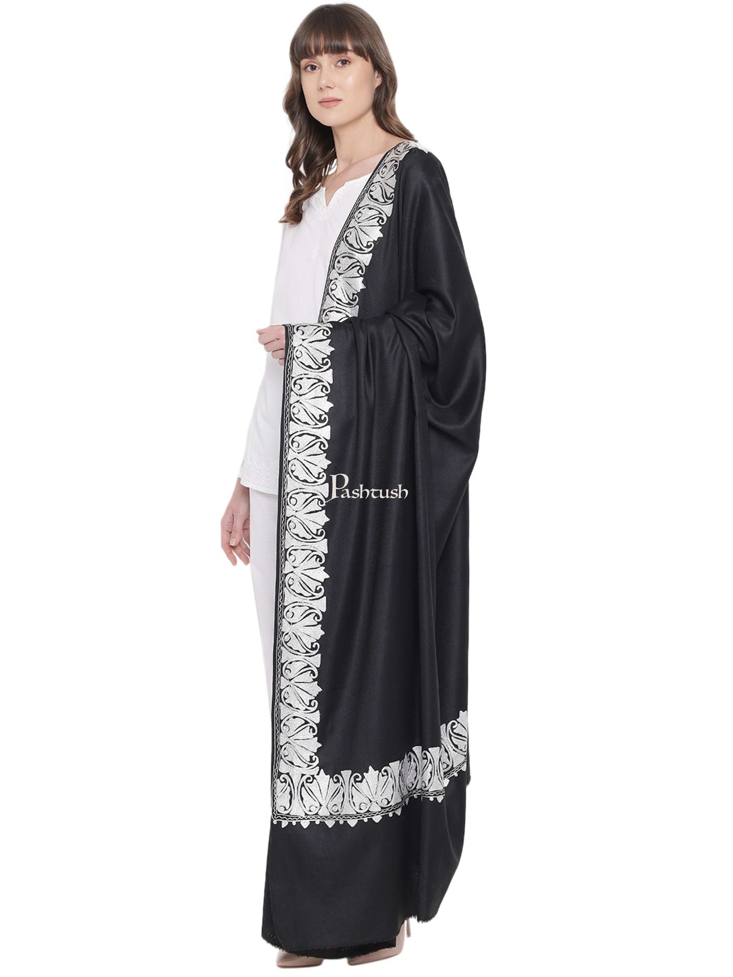 Pashtush India Womens Shawls Pashtush Womens Hand Embroidery Shawl, Border Design With Tilla Zari Work - Black